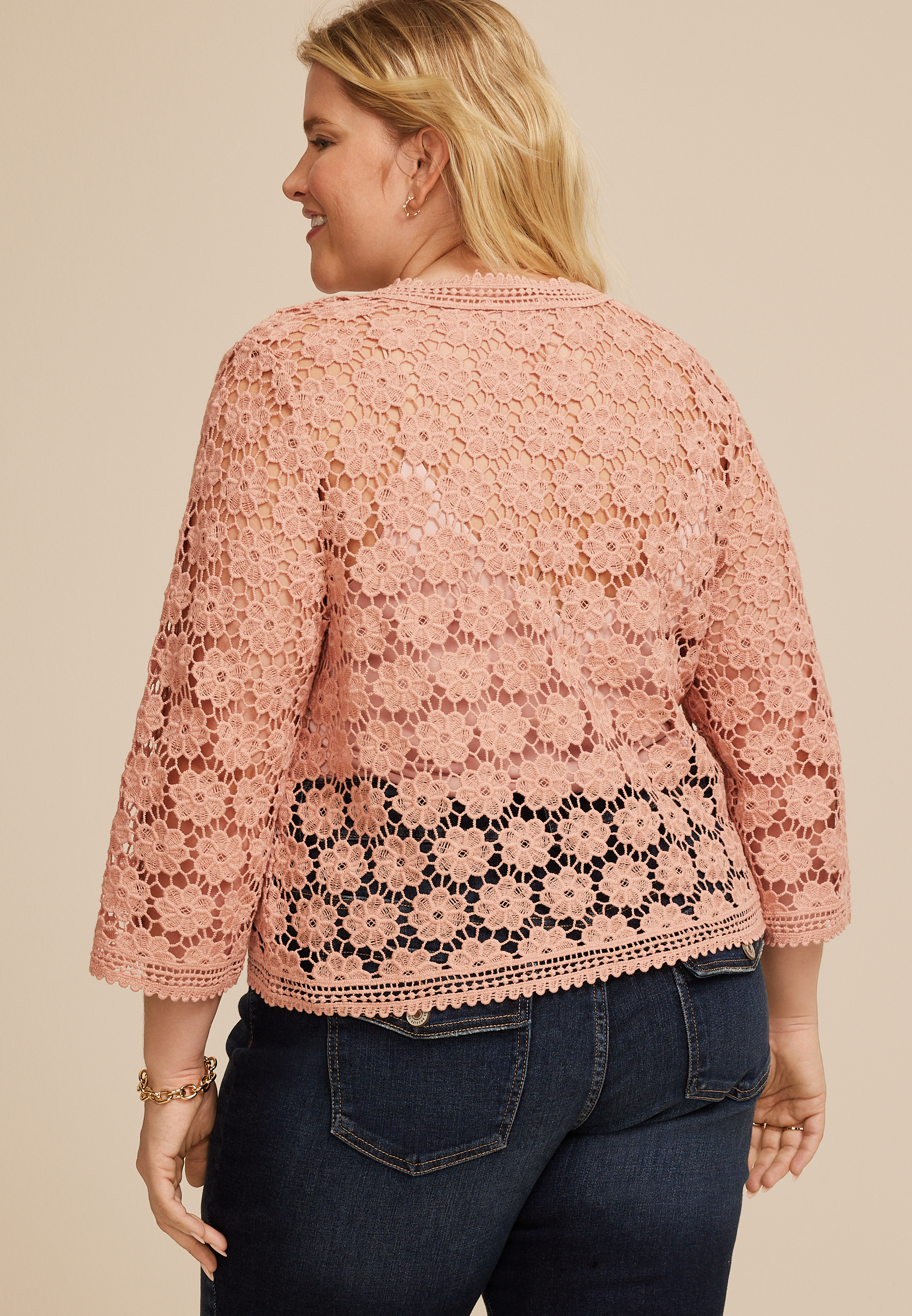 Plus Size Floral Crochet Tie Front Cardigan, C9369, large