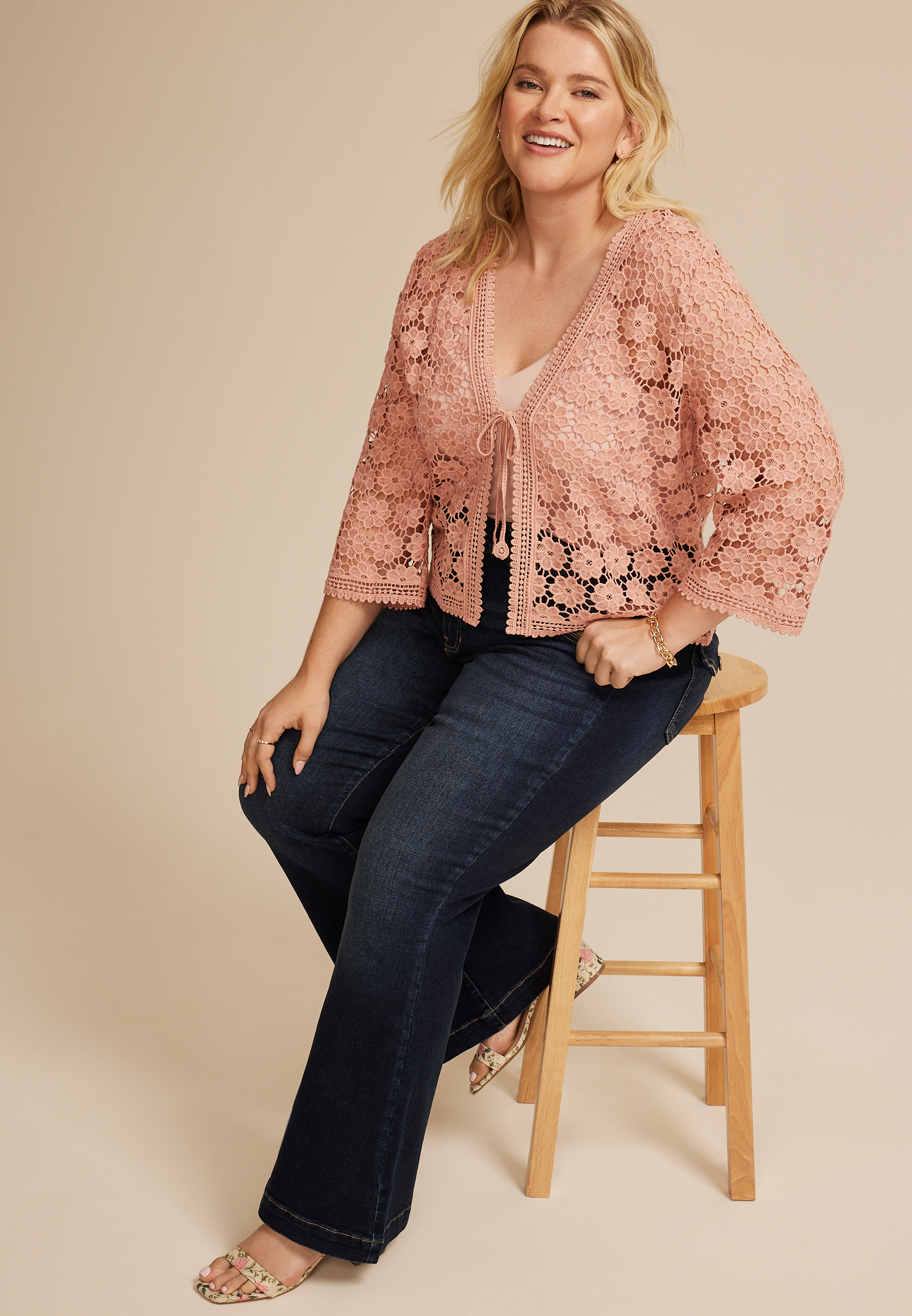 Plus Size Floral Crochet Tie Front Cardigan, C9369, large
