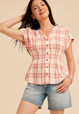 Pucker Plaid Dolman Button Down Shirt, C7956, small