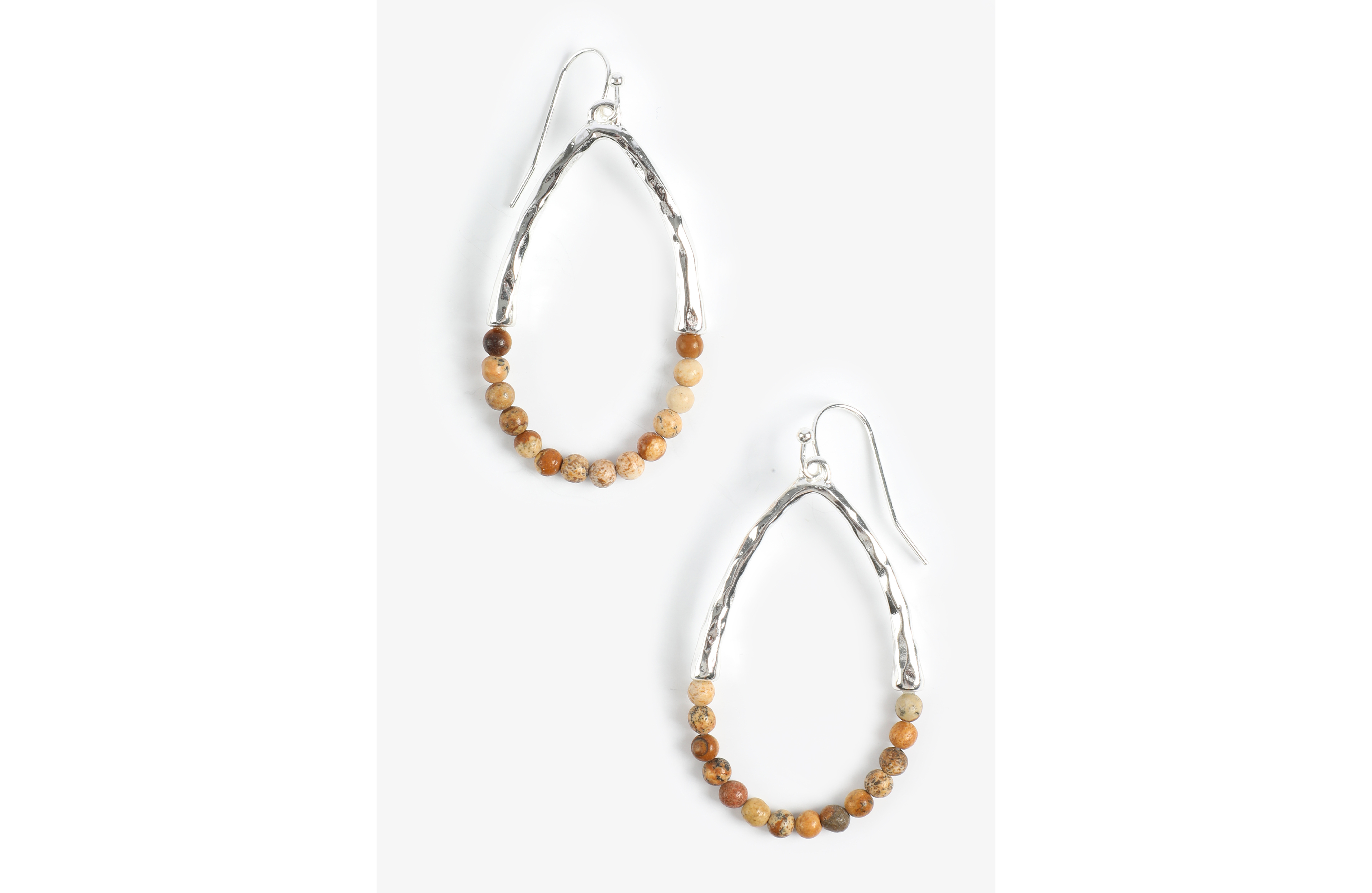 Hammered Silver and Brown Bead Drop Earrings