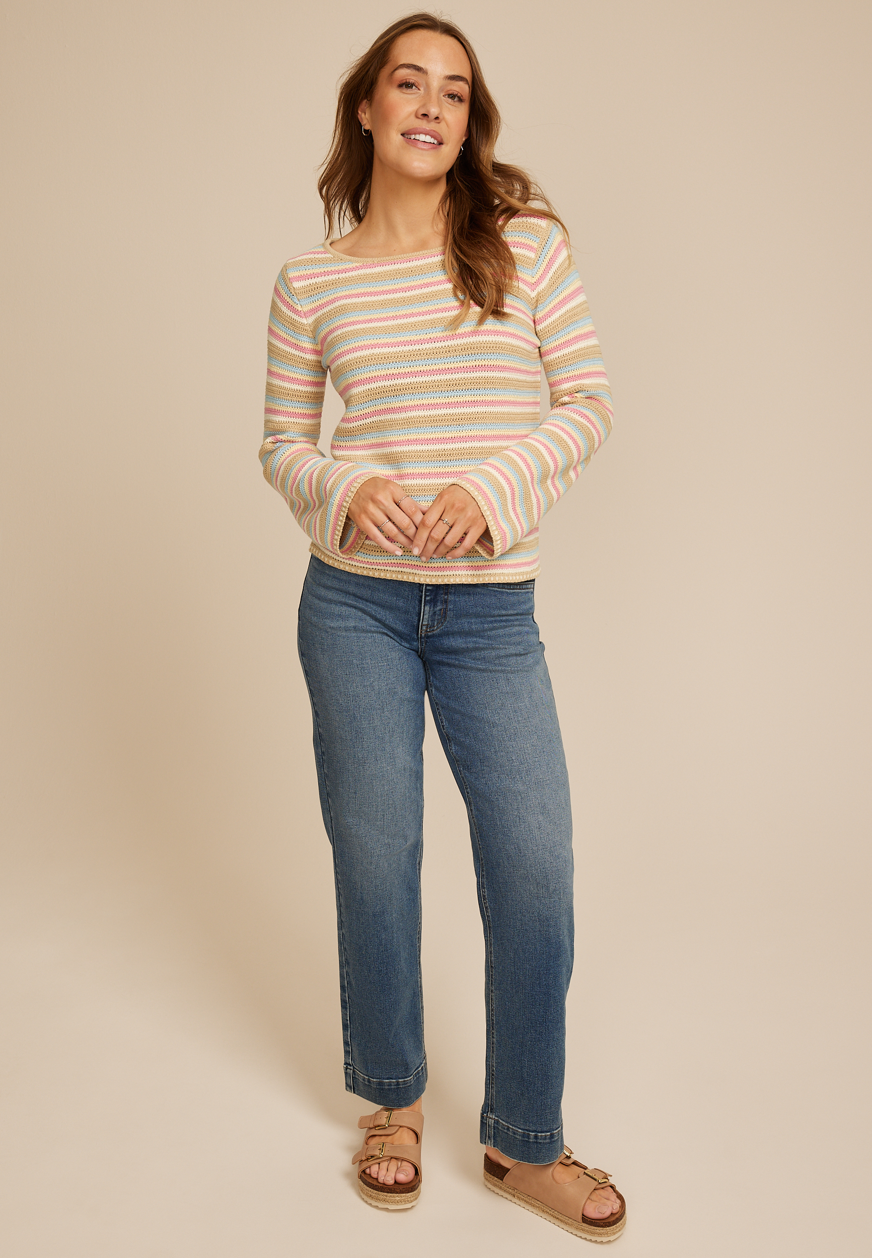 Multicolor Striped Bell Sleeve Sweater