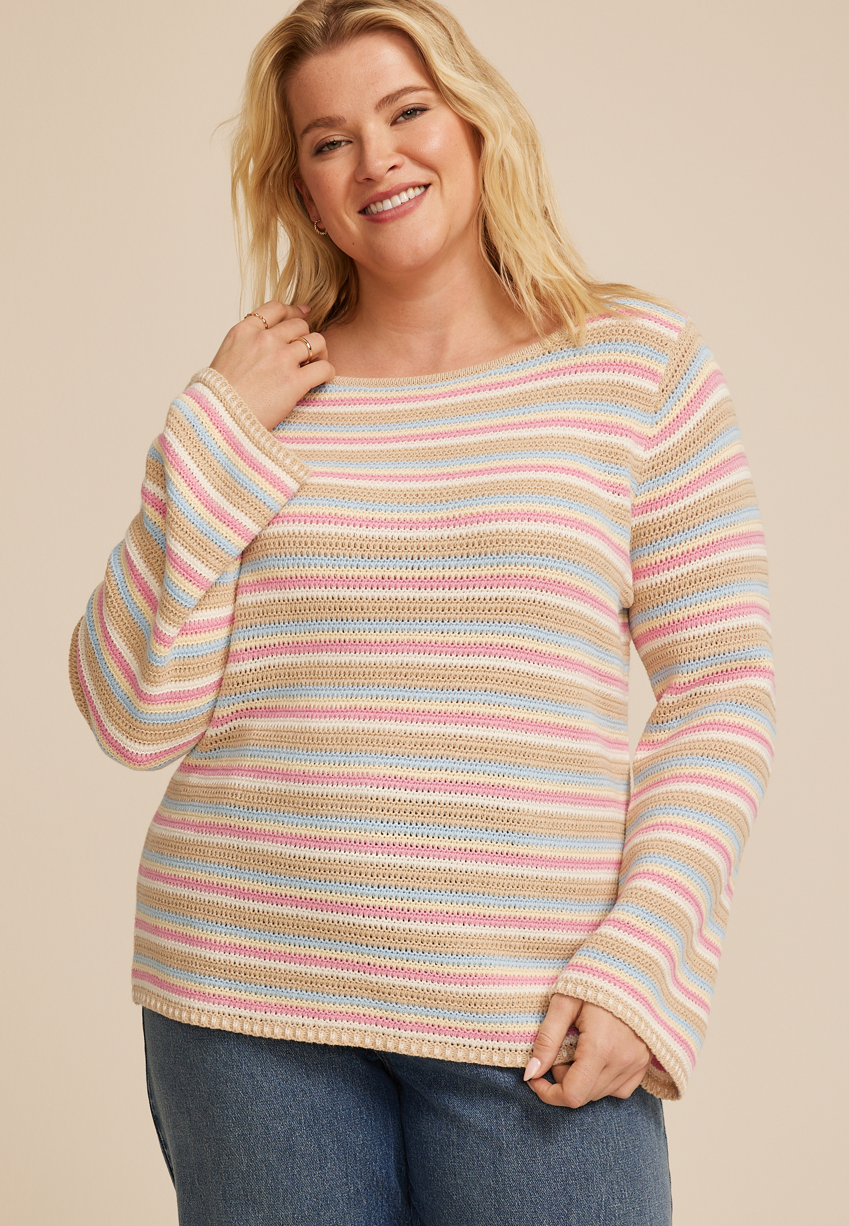 Plus Size Multicolor Striped Bell Sleeve Sweater