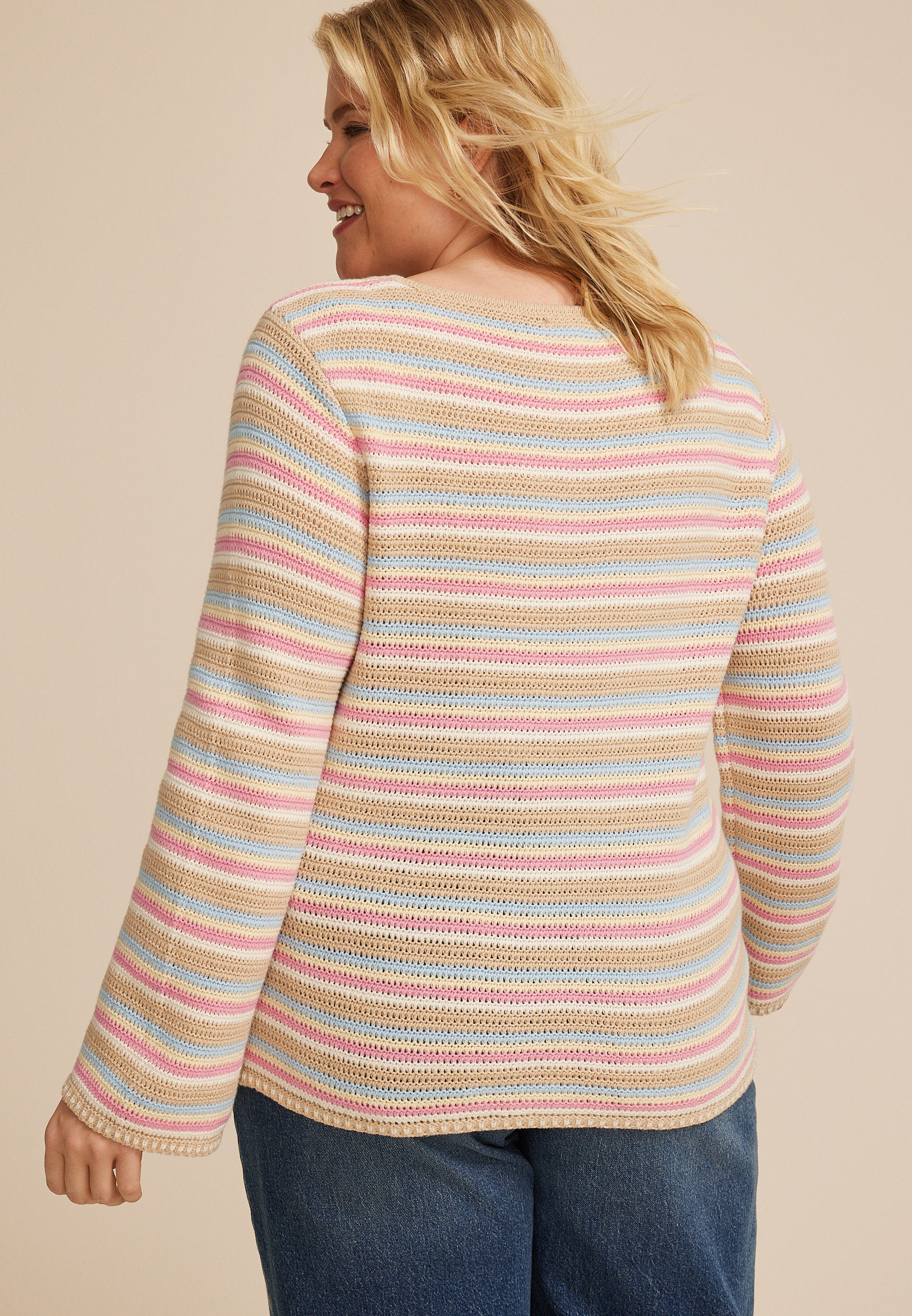 Plus Size Multicolor Striped Bell Sleeve Sweater, C2754, large