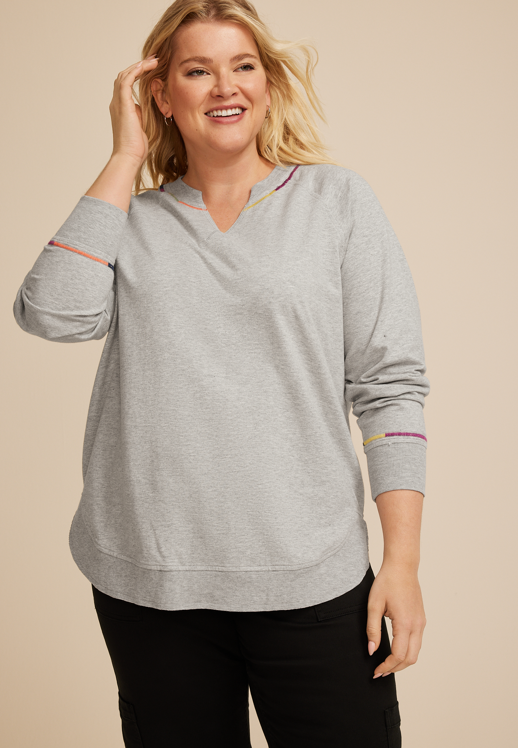 Plus Size Sunhaven Embroidered Notch Neck Sweatshirt