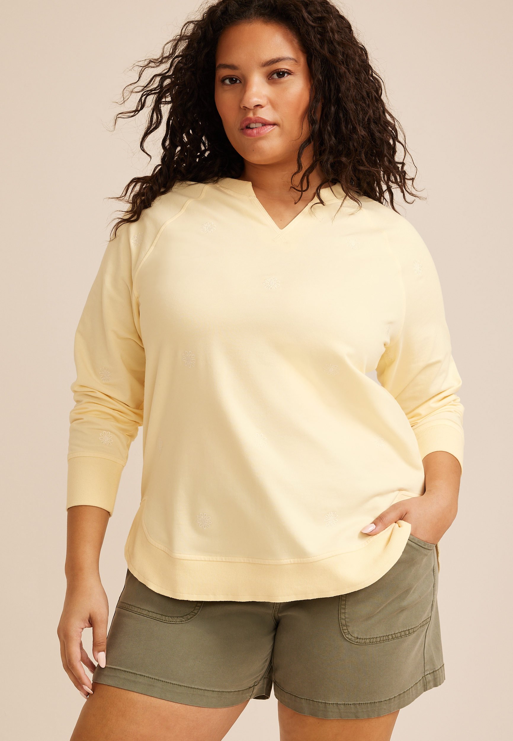 Plus Size Sunhaven Floral Embroidered Notch Neck Sweatshirt