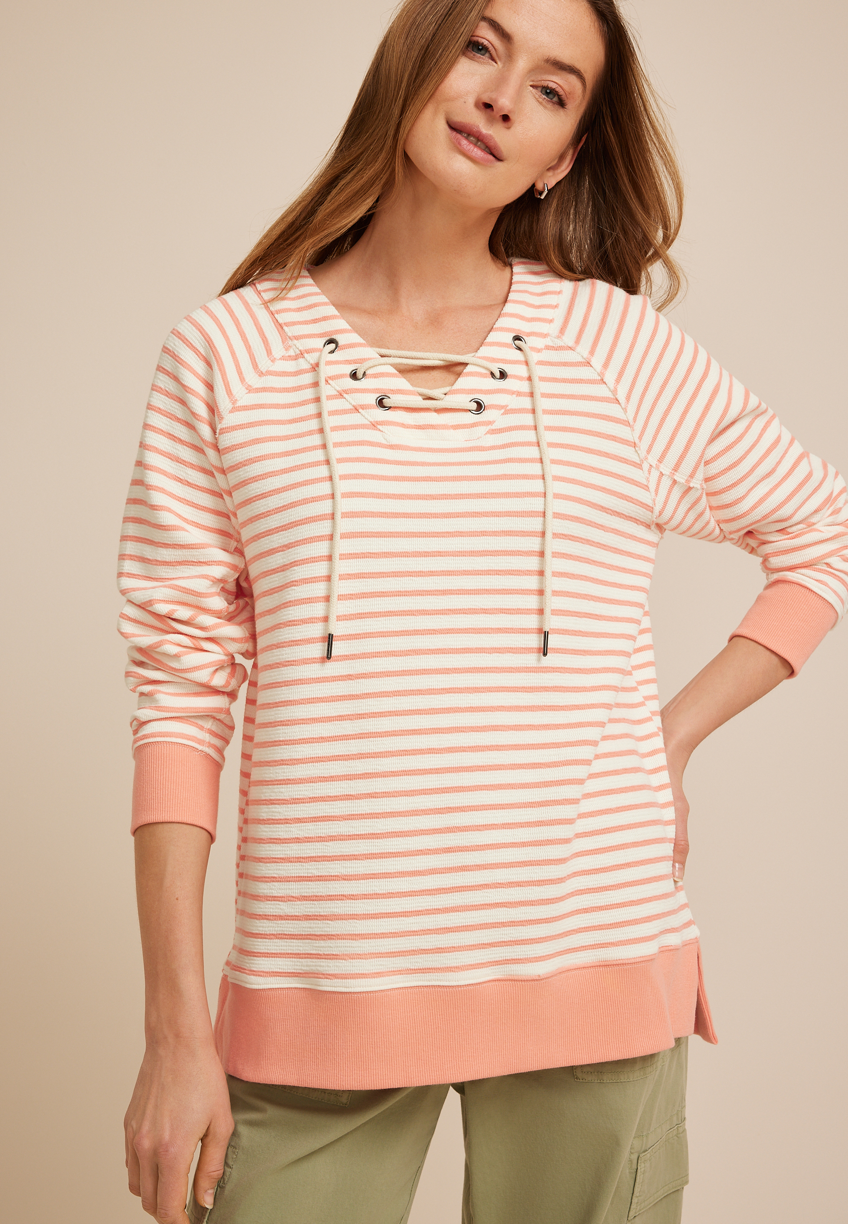 Stripe Lace Up Tunic Sweatshirt