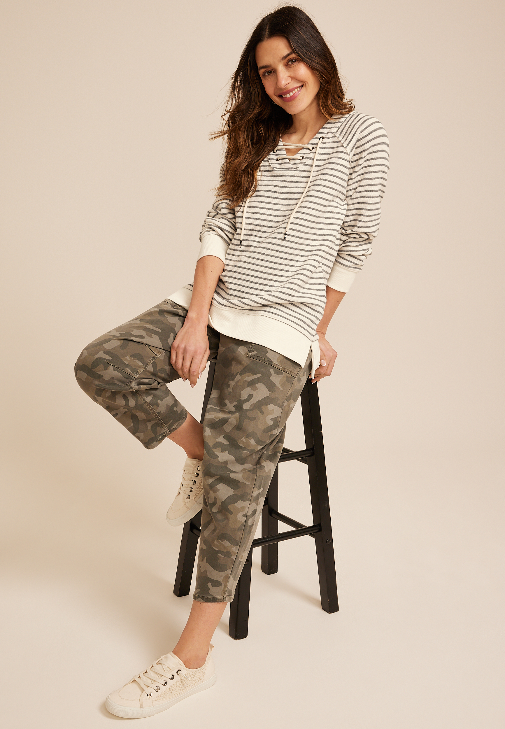 Stripe Lace Up Tunic Sweatshirt, C2821, large