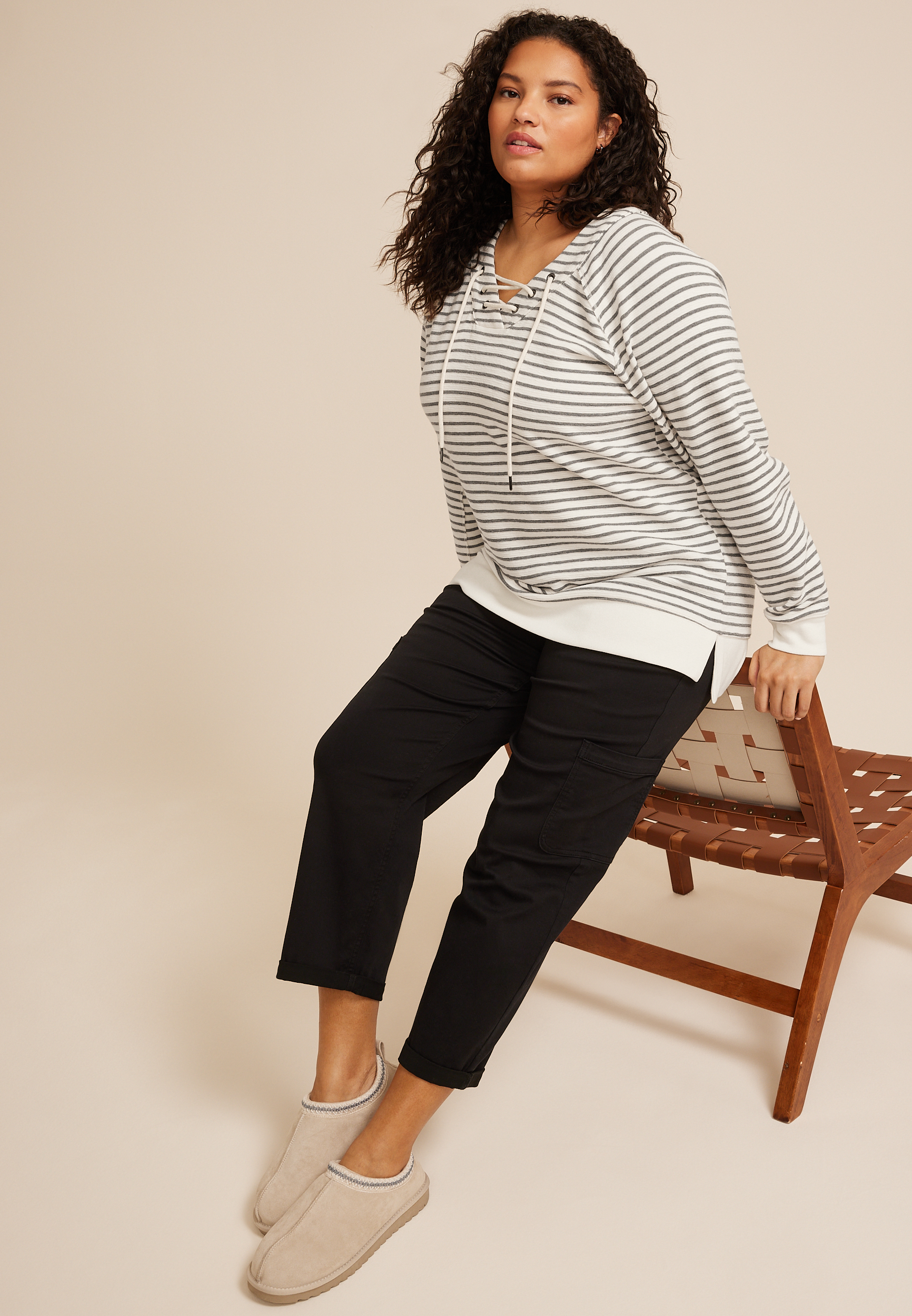 Plus Size Stripe Lace Up Tunic Sweatshirt