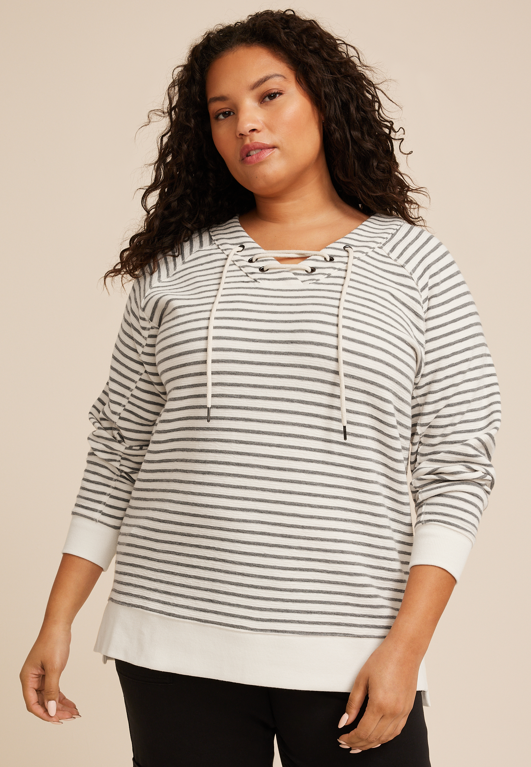 Plus Size Stripe Lace Up Tunic Sweatshirt, C2821, large