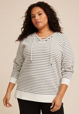 Plus Size Stripe Lace Up Tunic Sweatshirt, C2821, small