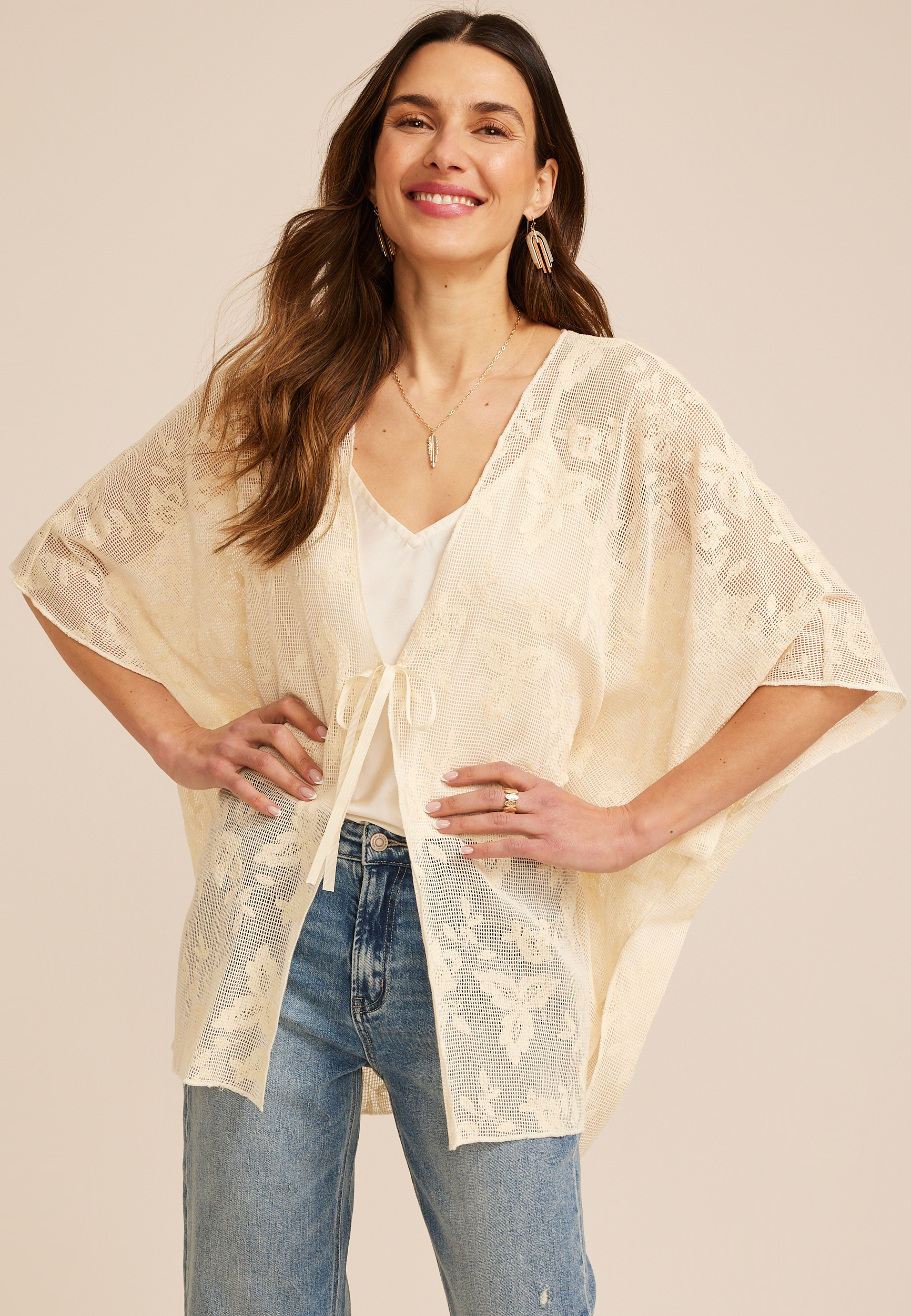 Floral Crochet Tie Front Kimono