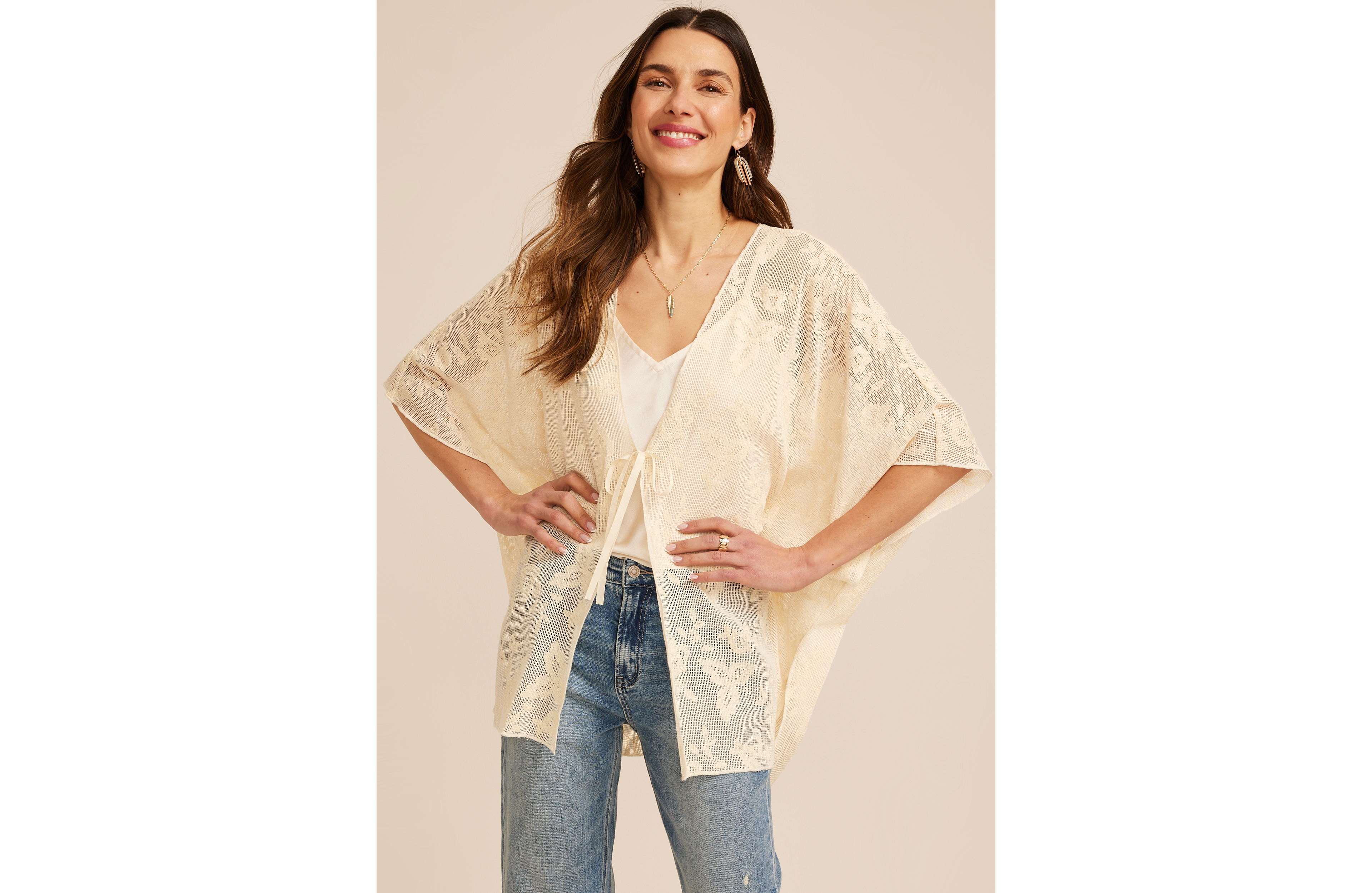 Floral Crochet Tie Front Kimono