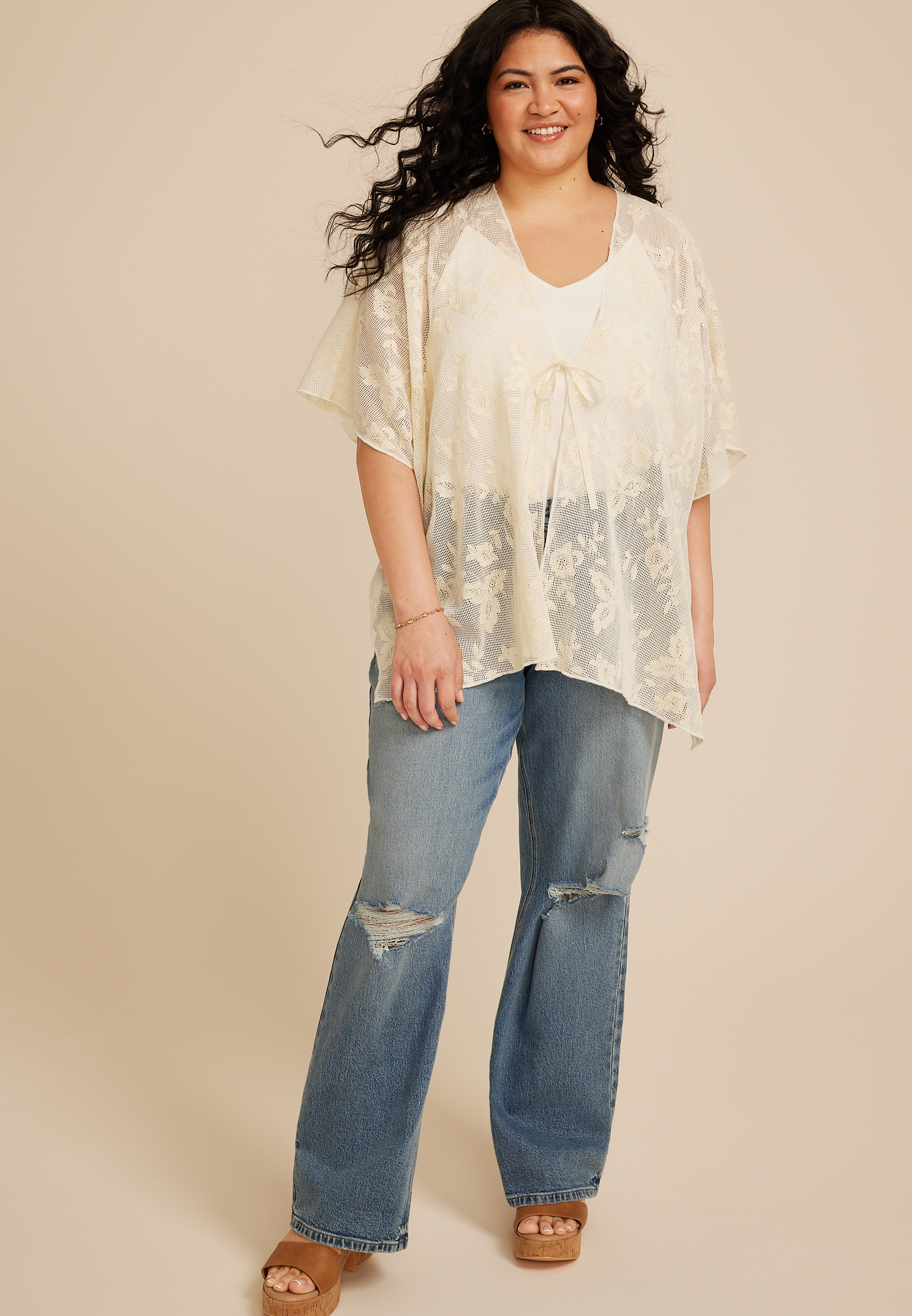 Floral Crochet Tie Front Kimono, C254, large
