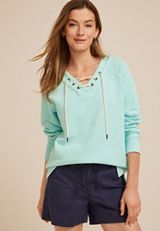 Textured Lace Up Tunic Sweatshirt, AQUA PEARL, small