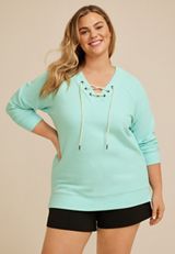 Plus Size Textured Lace Up Tunic Sweatshirt, AQUA PEARL, small