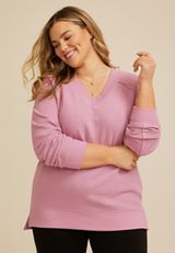 Plus Size Solid V Neck Tunic Sweatshirt, C3454, small