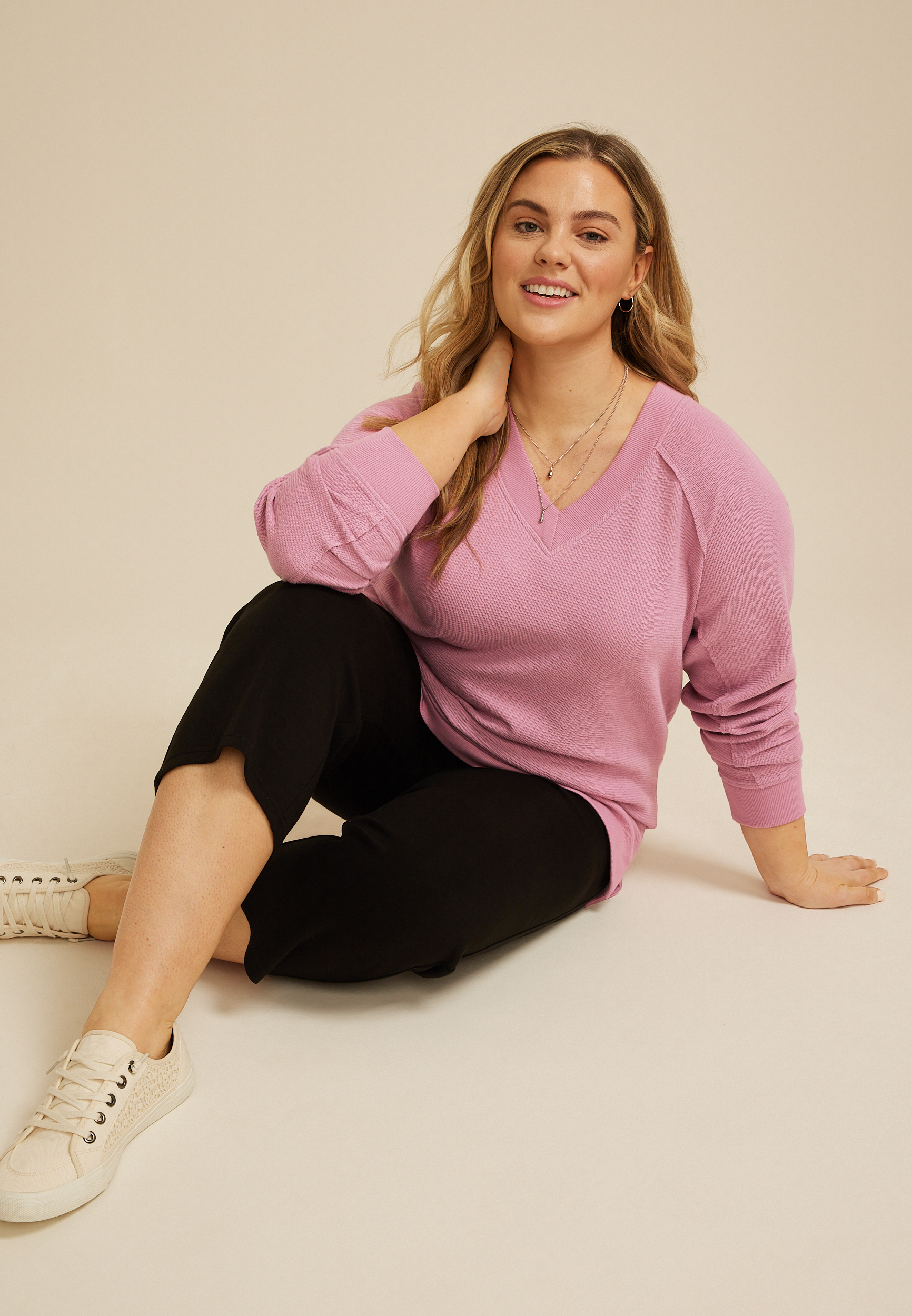 Plus Size Solid V Neck Tunic Sweatshirt, C3454, large