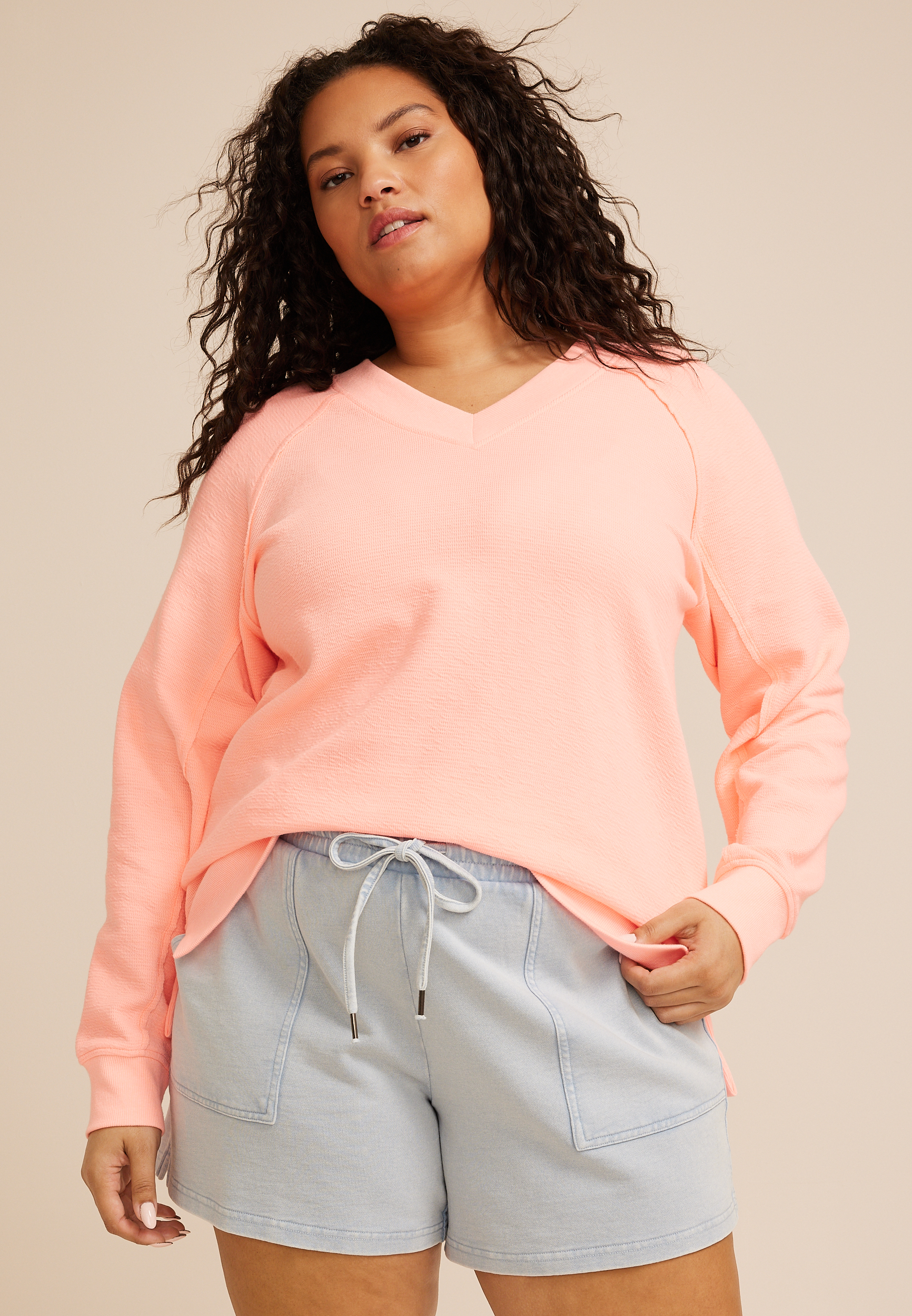 Plus Size Solid V Neck Tunic Sweatshirt