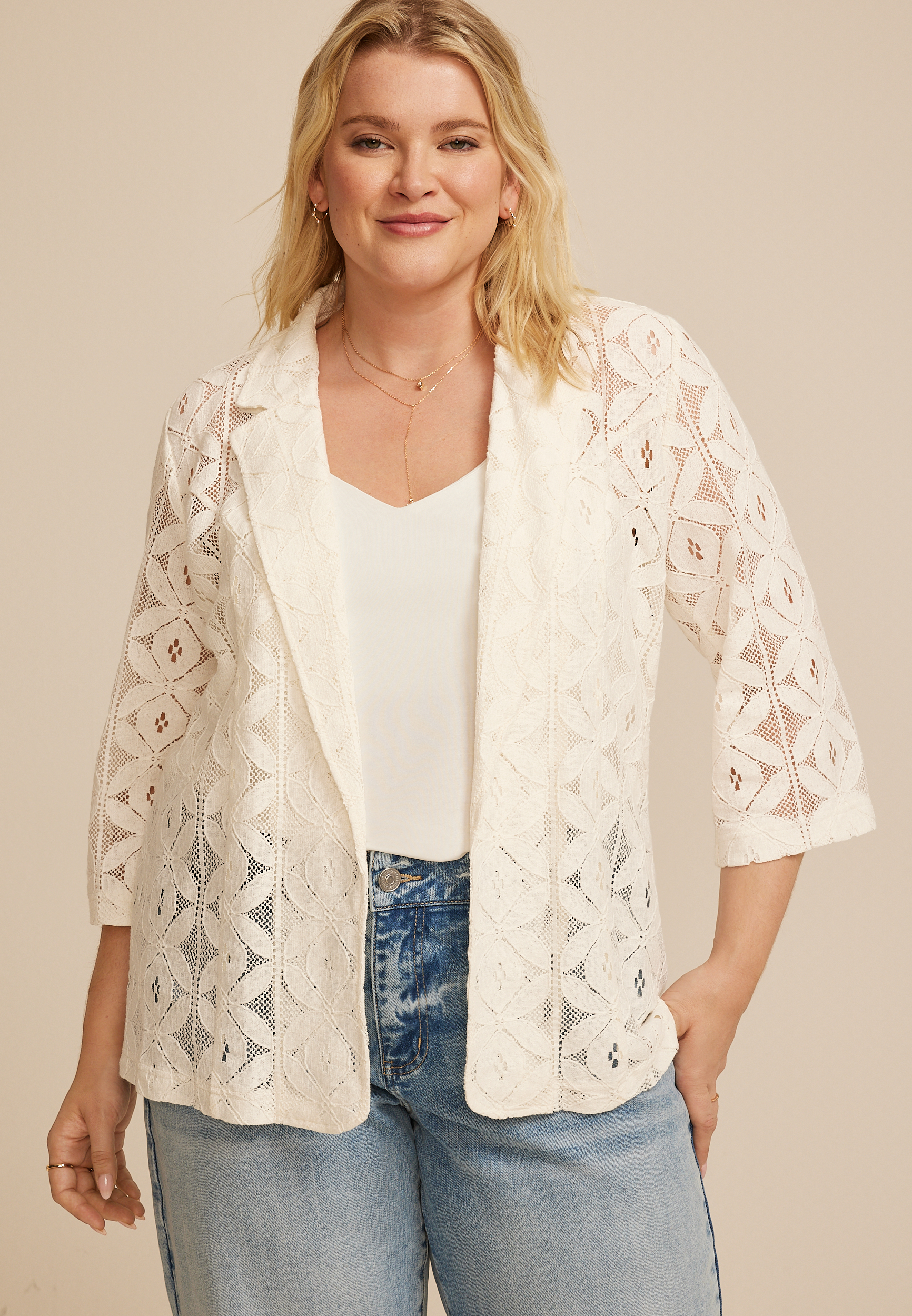Plus Size Studio Y Crochet Lace Open Blazer