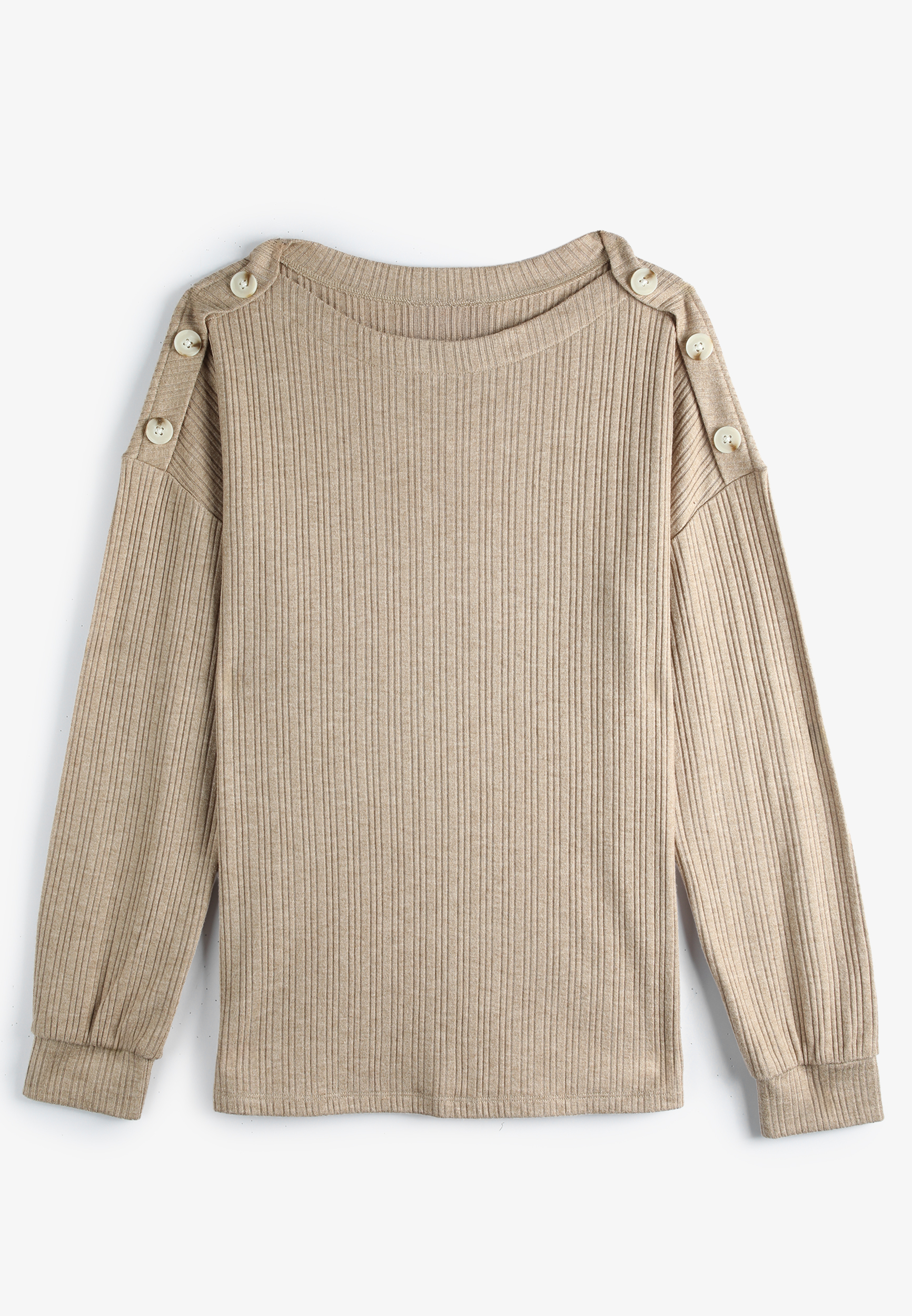 Ribbed Button Shoulder Long Sleeve Top