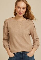 Ribbed Button Shoulder Long Sleeve Top, C574, small