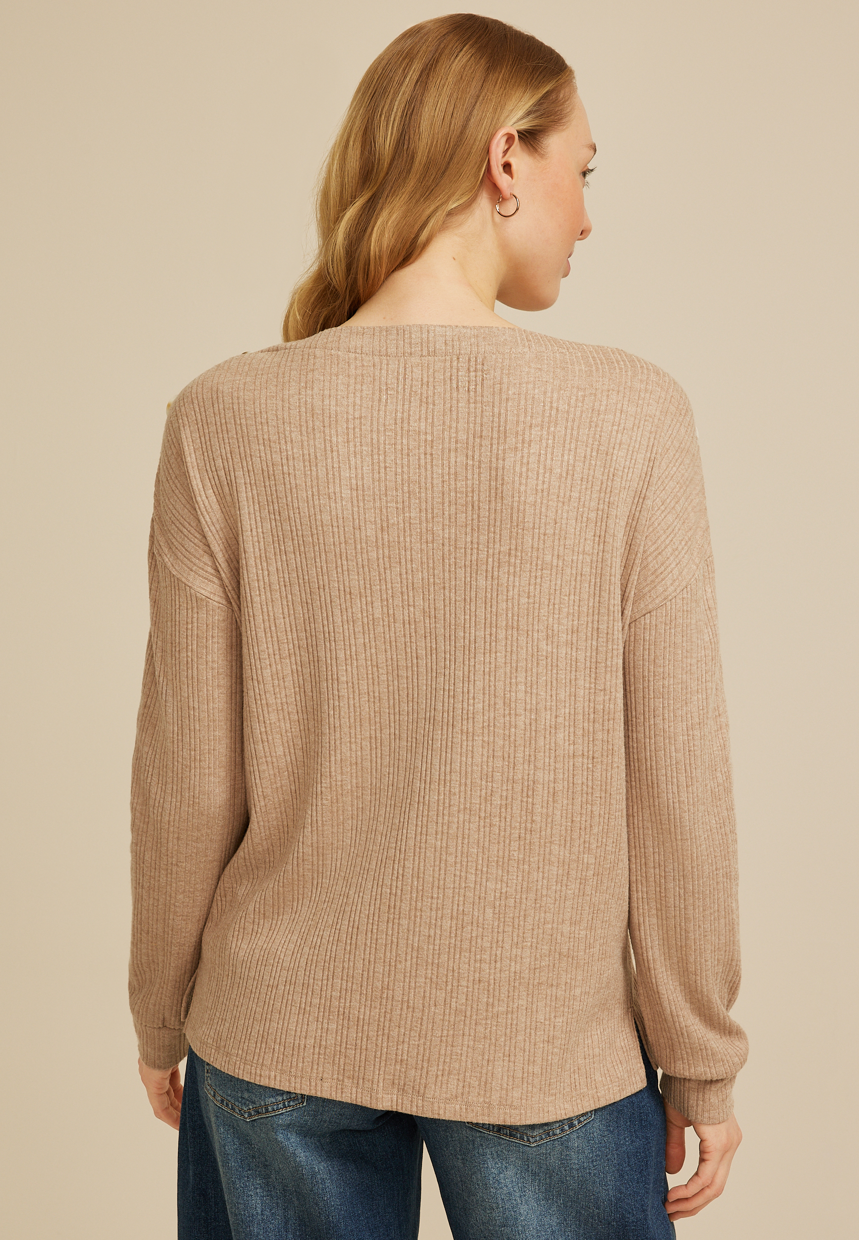 Ribbed Button Shoulder Long Sleeve Top, C574, large