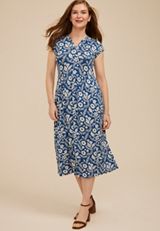 Printed 24/7 Notch Neck Cap Sleeve  Midi Dress, C1772, small