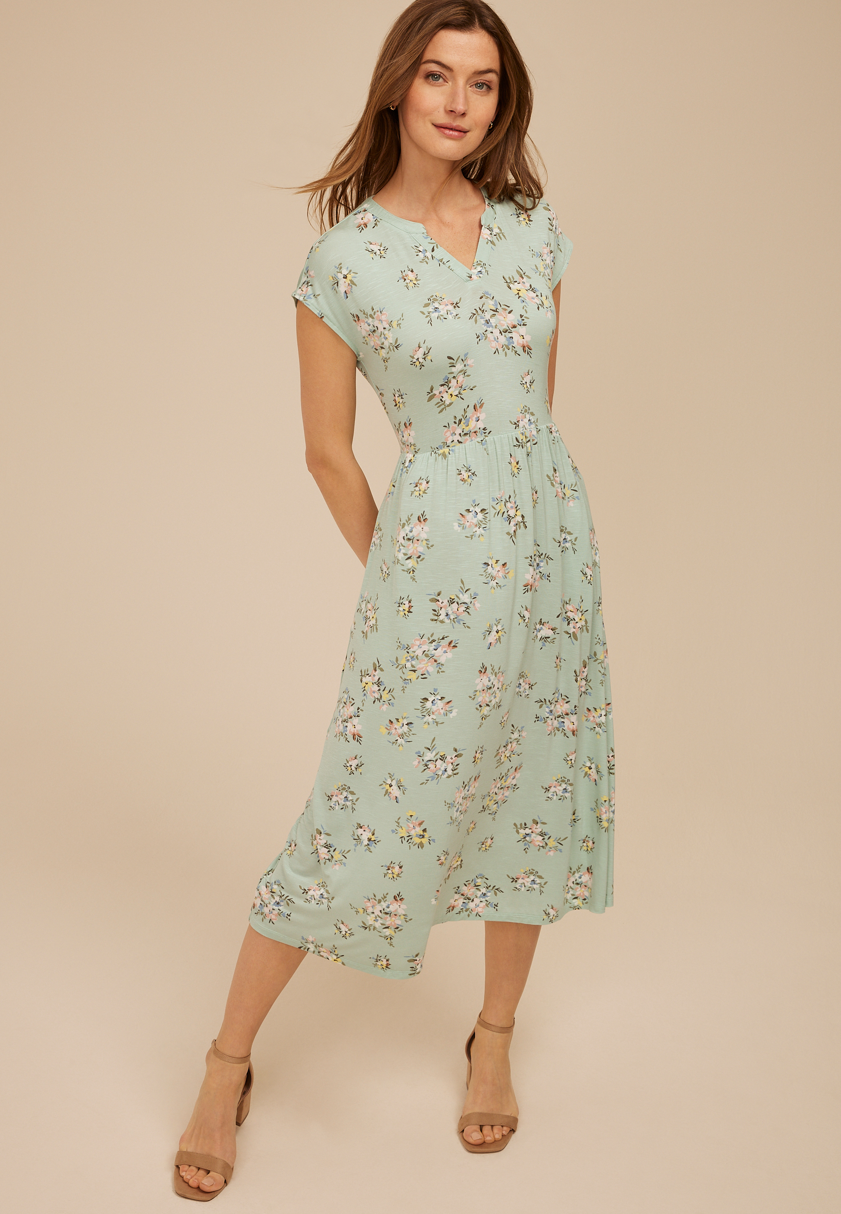 Printed 24/7 Notch Neck Cap Sleeve  Midi Dress
