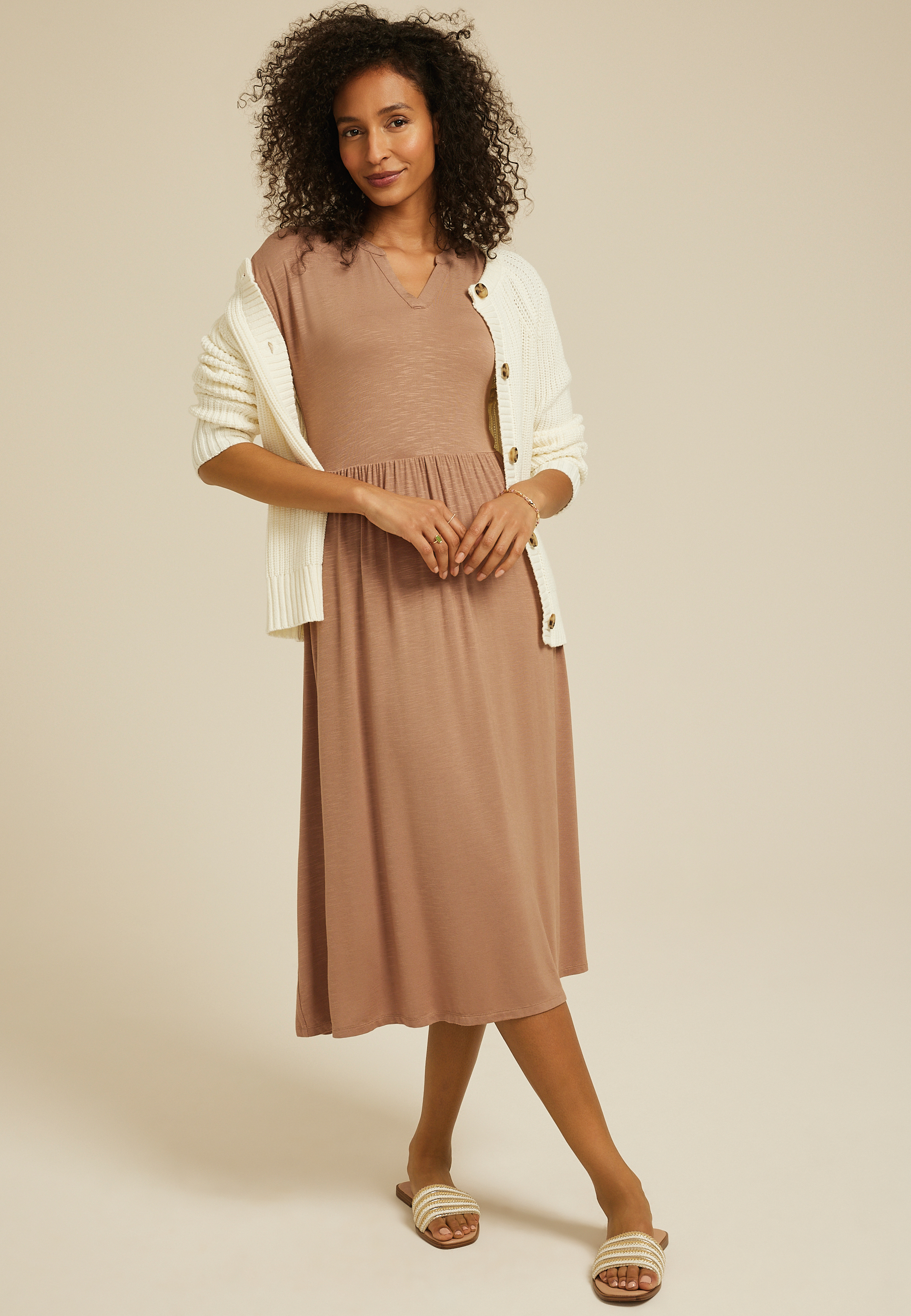 24/7 Notch Neck Cap Sleeve  Midi Dress, C574, large