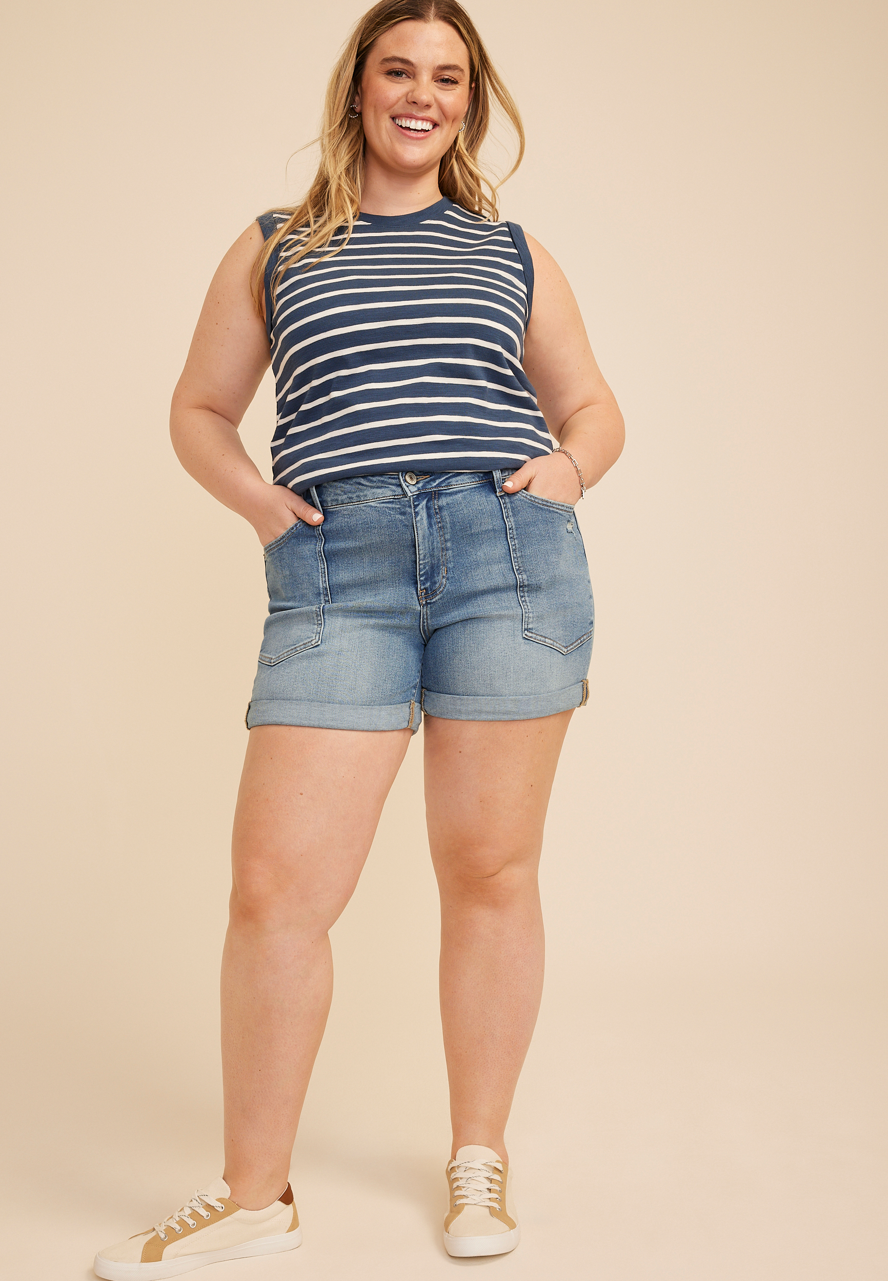 Plus Size KanCan&trade; Mid Rise Porkchop Pocket Roll Hem 5in Short