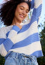 Striped Boucle Open Stitch Crew Neck Sweater, FOREVER BLUE COMBO, small
