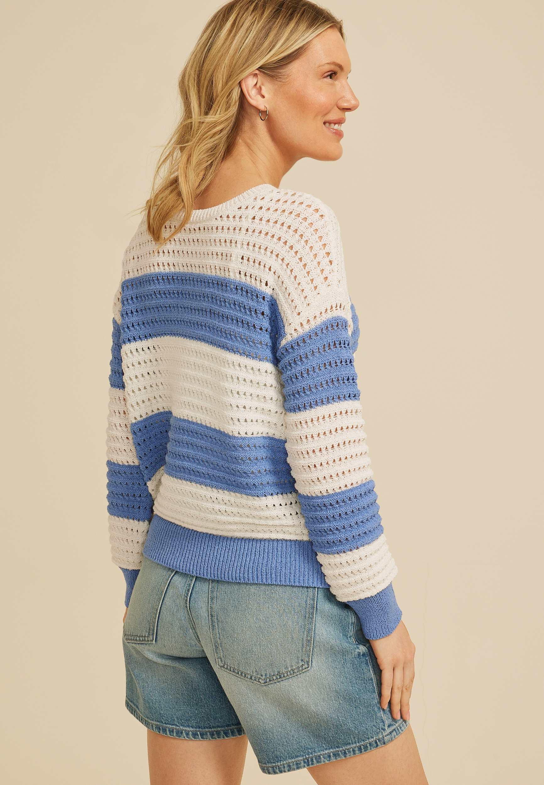 Striped Boucle Open Stitch Crew Neck Sweater, FOREVER BLUE COMBO, large