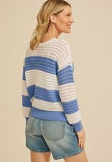 Striped Boucle Open Stitch Crew Neck Sweater, FOREVER BLUE COMBO, small