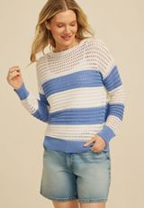 Striped Boucle Open Stitch Crew Neck Sweater, FOREVER BLUE COMBO, small