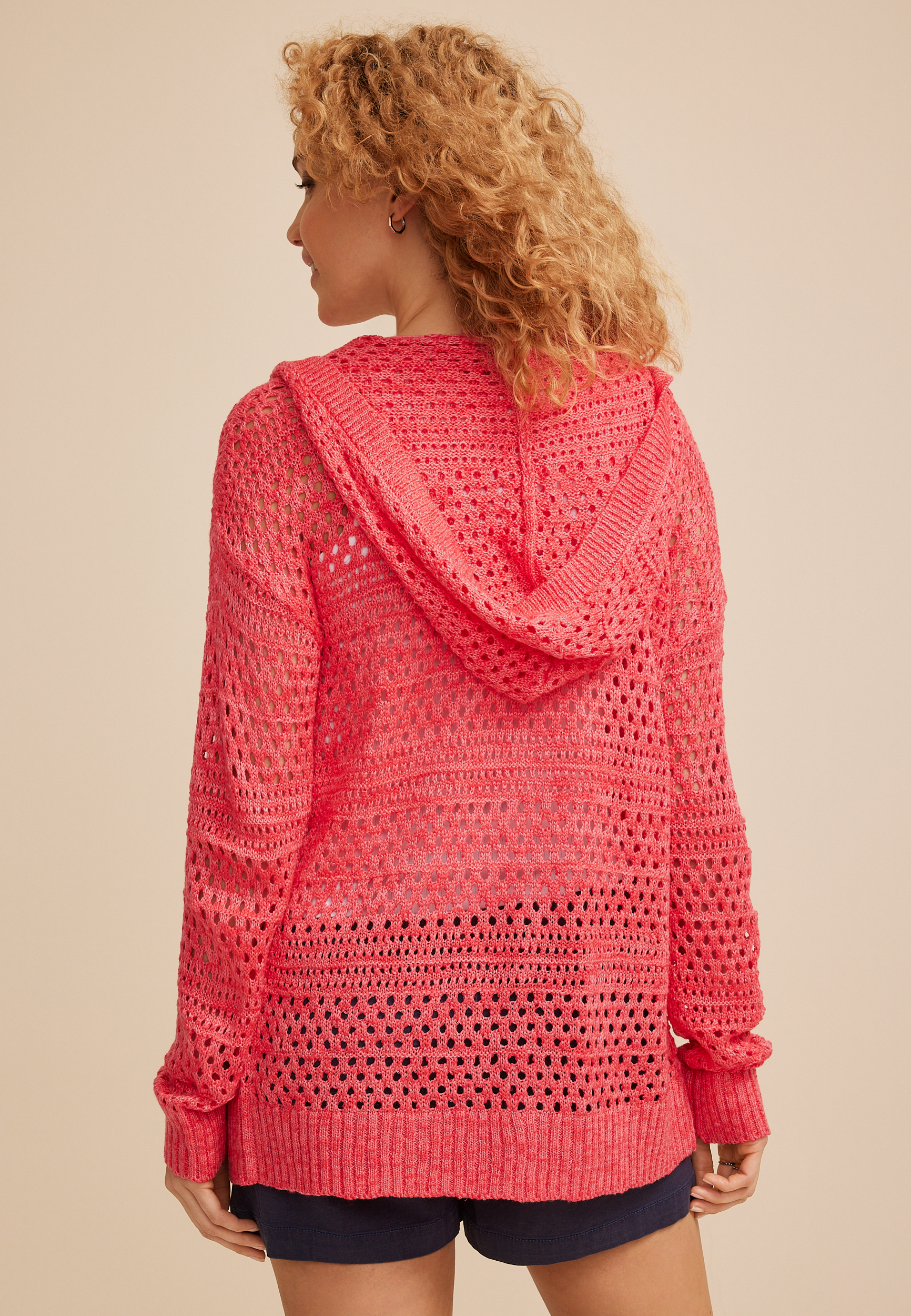 Open Stitch Open Front Hooded Cardigan