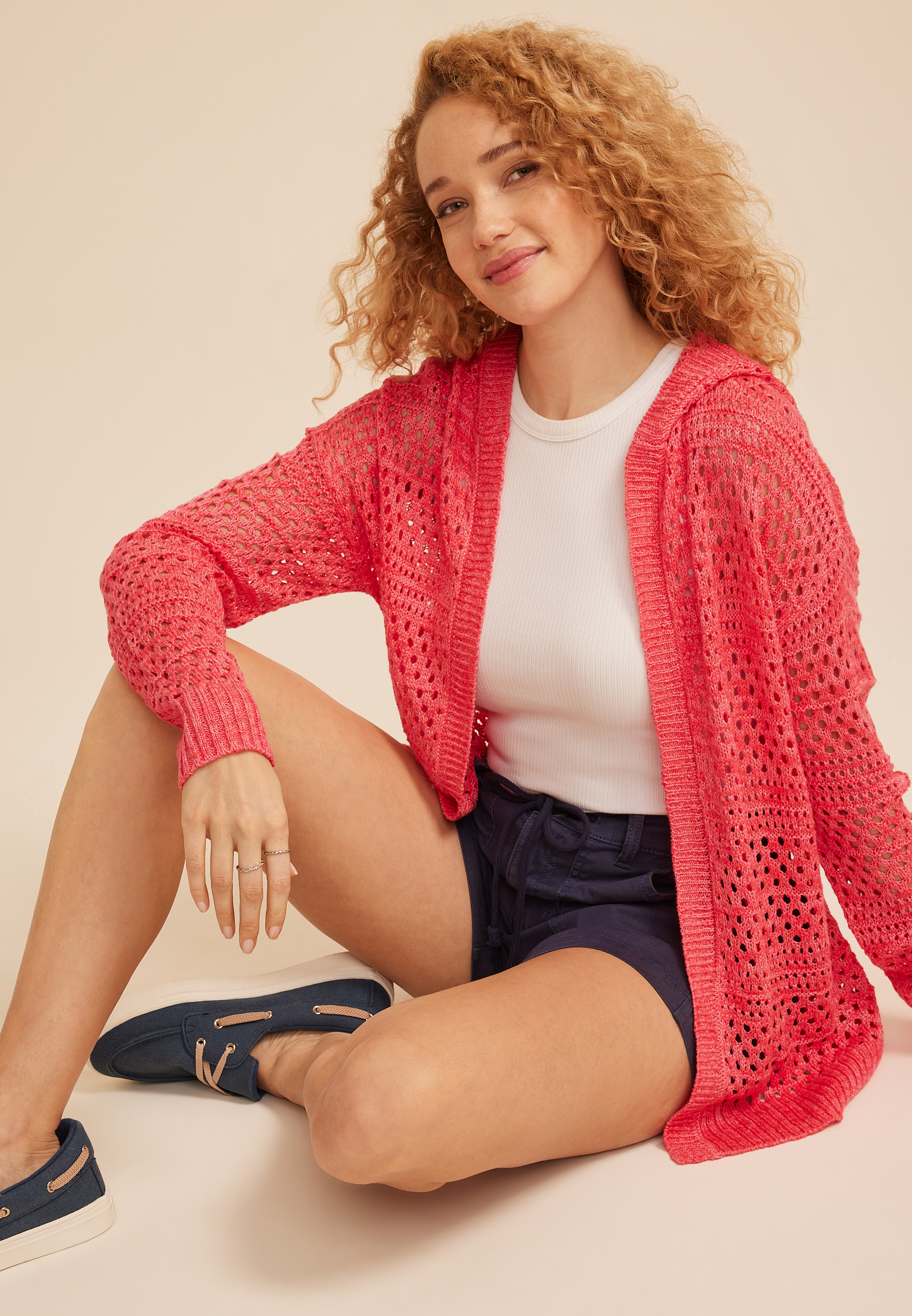 Open Stitch Open Front Hooded Cardigan