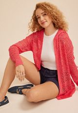 Open Stitch Open Front Hooded Cardigan, TEABERRY COMBO, small