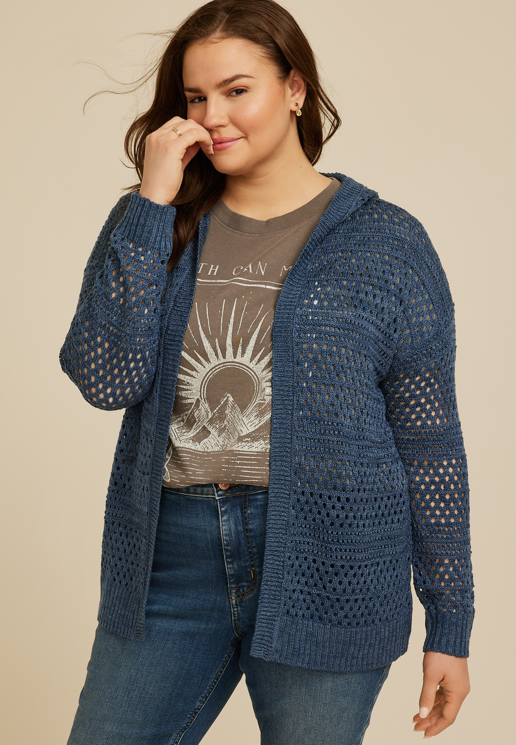 Plus Size Open Stitch Open Front Hooded Cardigan