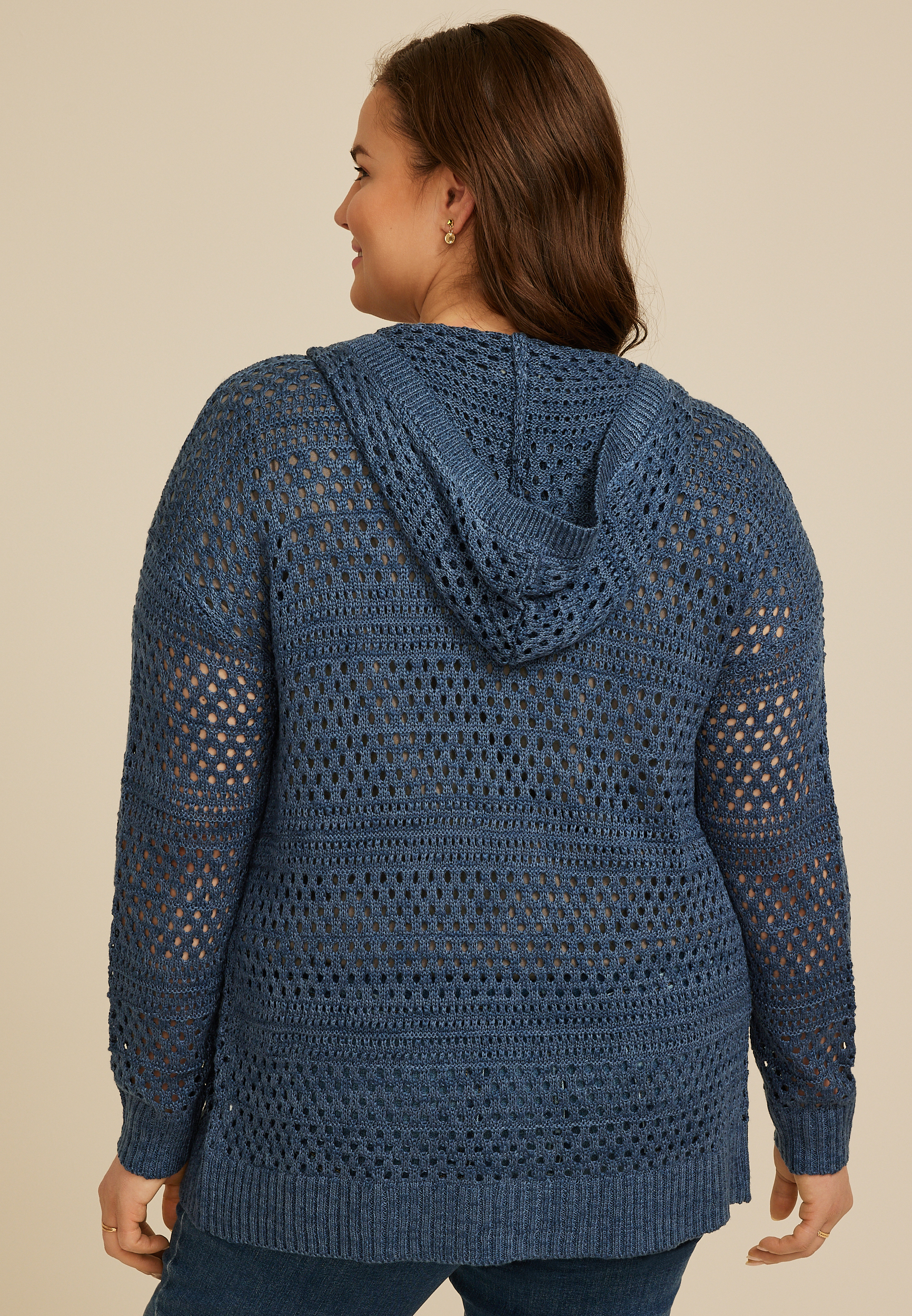 Plus Size Open Stitch Open Front Hooded Cardigan, C1606, large