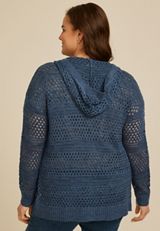 Plus Size Open Stitch Open Front Hooded Cardigan, C1606, small