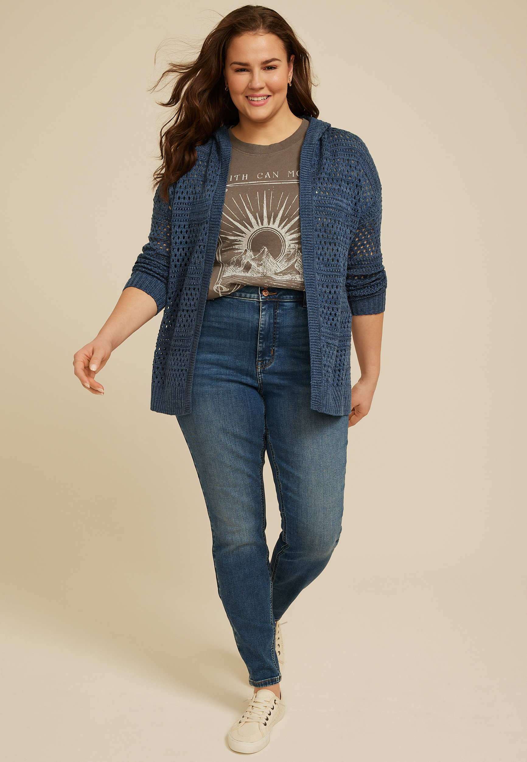 Plus Size Open Stitch Open Front Hooded Cardigan, C1606, large