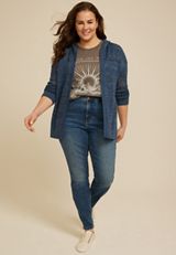 Plus Size Open Stitch Open Front Hooded Cardigan, C1606, small