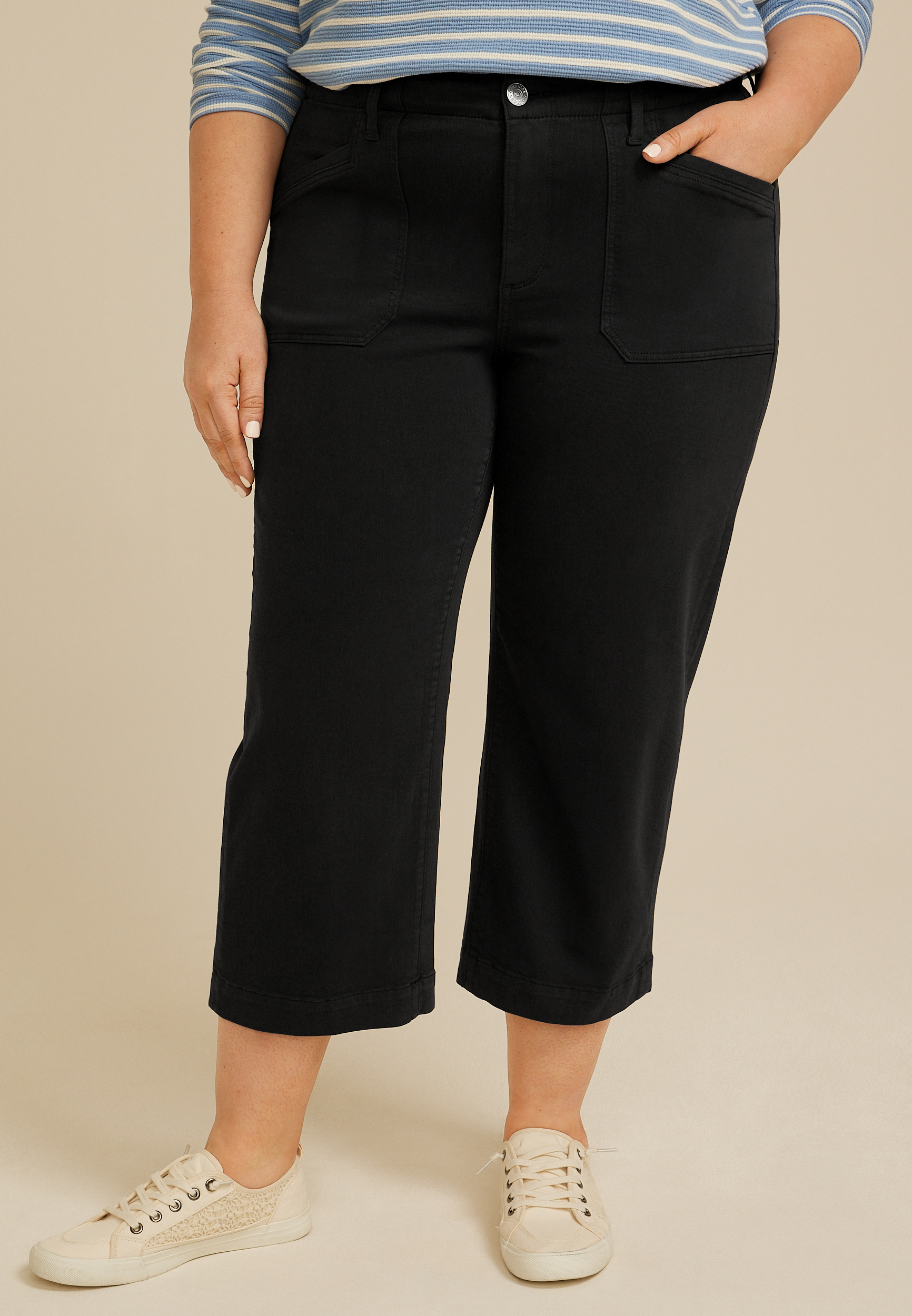 Plus Size Stretch Twill High Rise Cropped Wide Leg Pant
