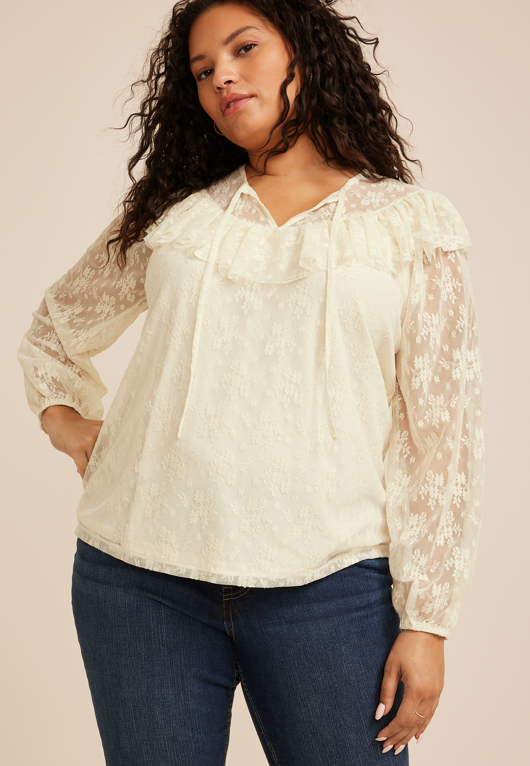 Plus Size Sheer Lace Ruffle Yoke Blouse