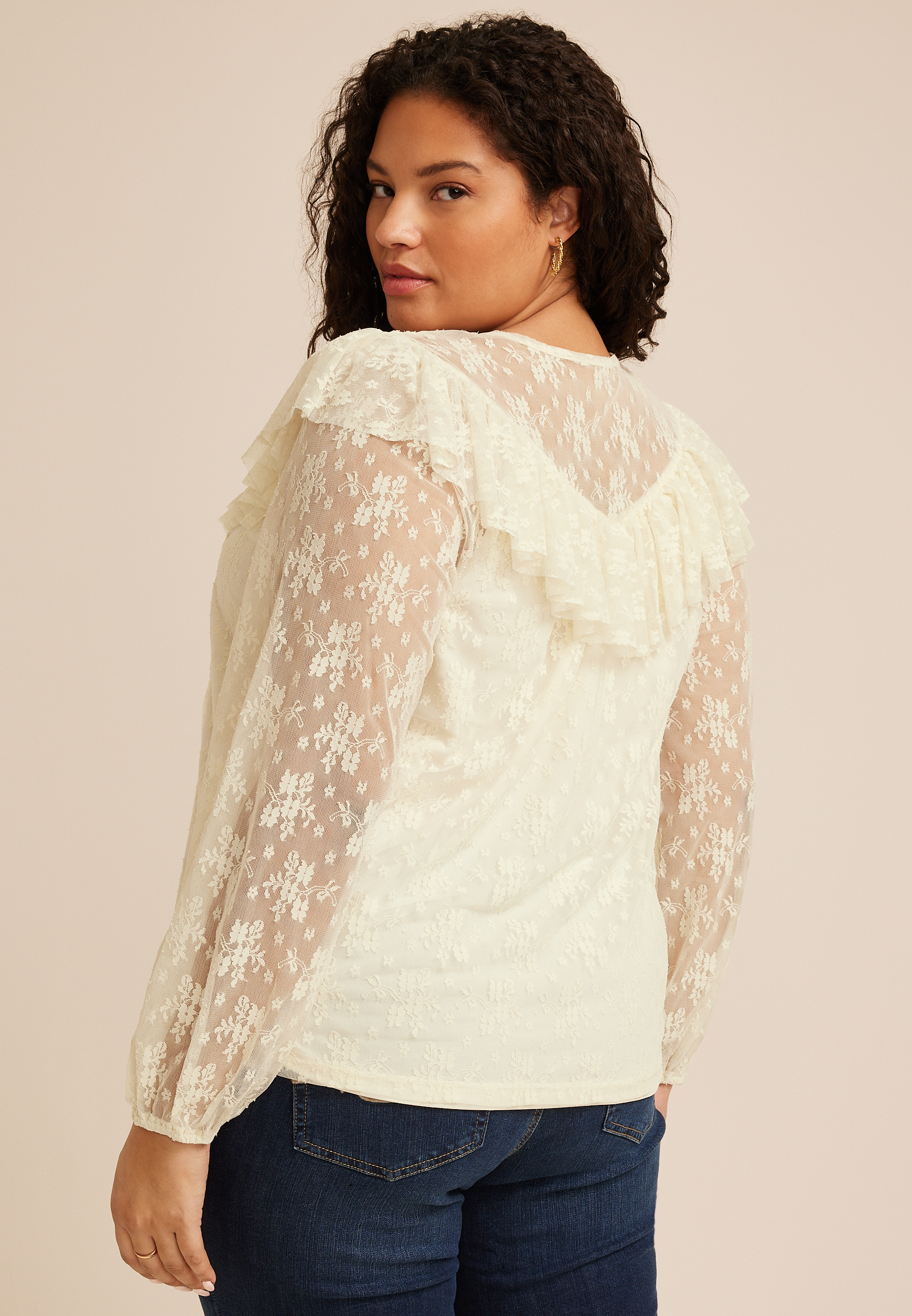 Plus Size Sheer Lace Ruffle Yoke Blouse, WHITE, large