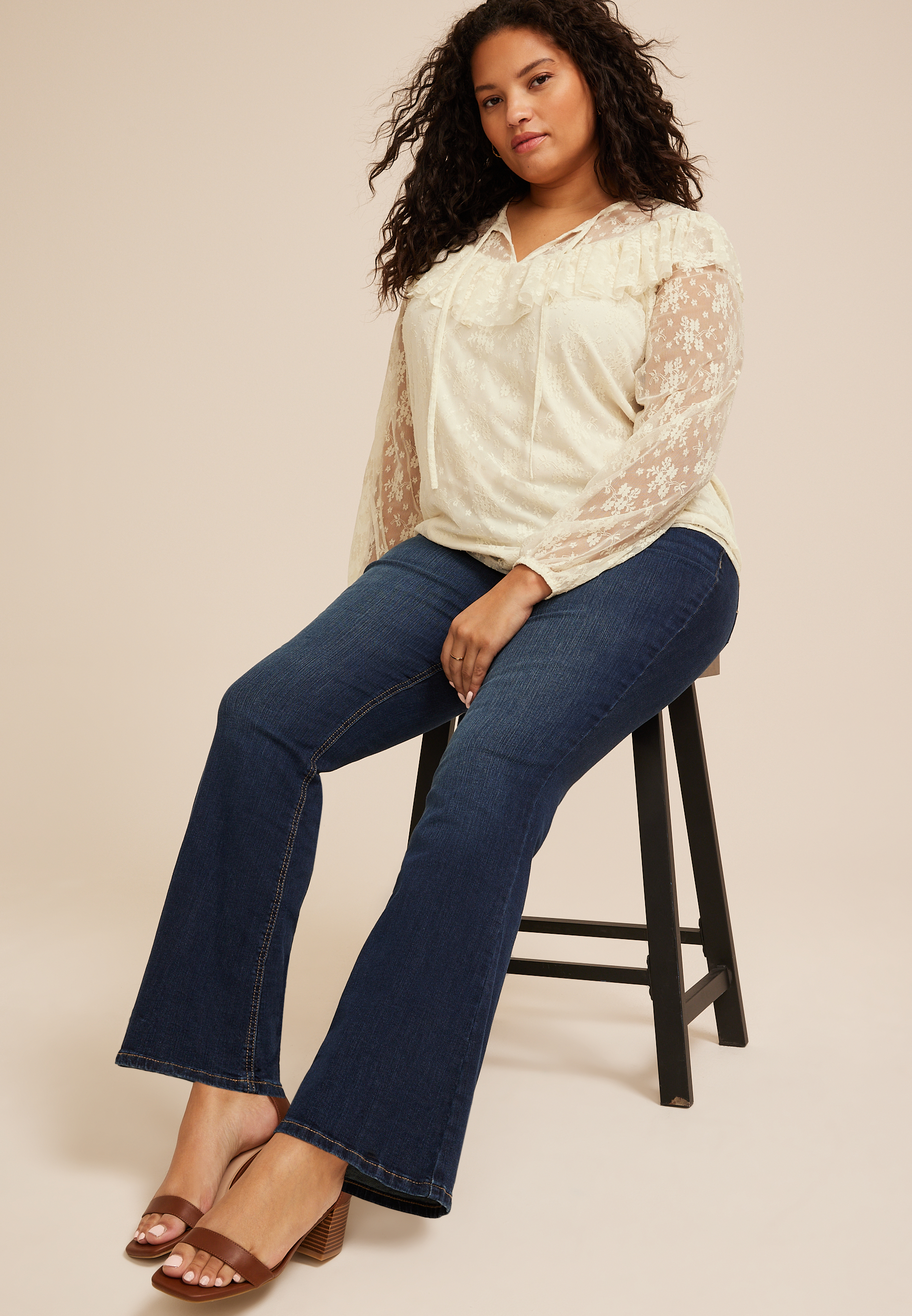 Plus Size Sheer Lace Ruffle Yoke Blouse, WHITE, large