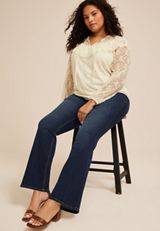 Plus Size Sheer Lace Ruffle Yoke Blouse, WHITE, small