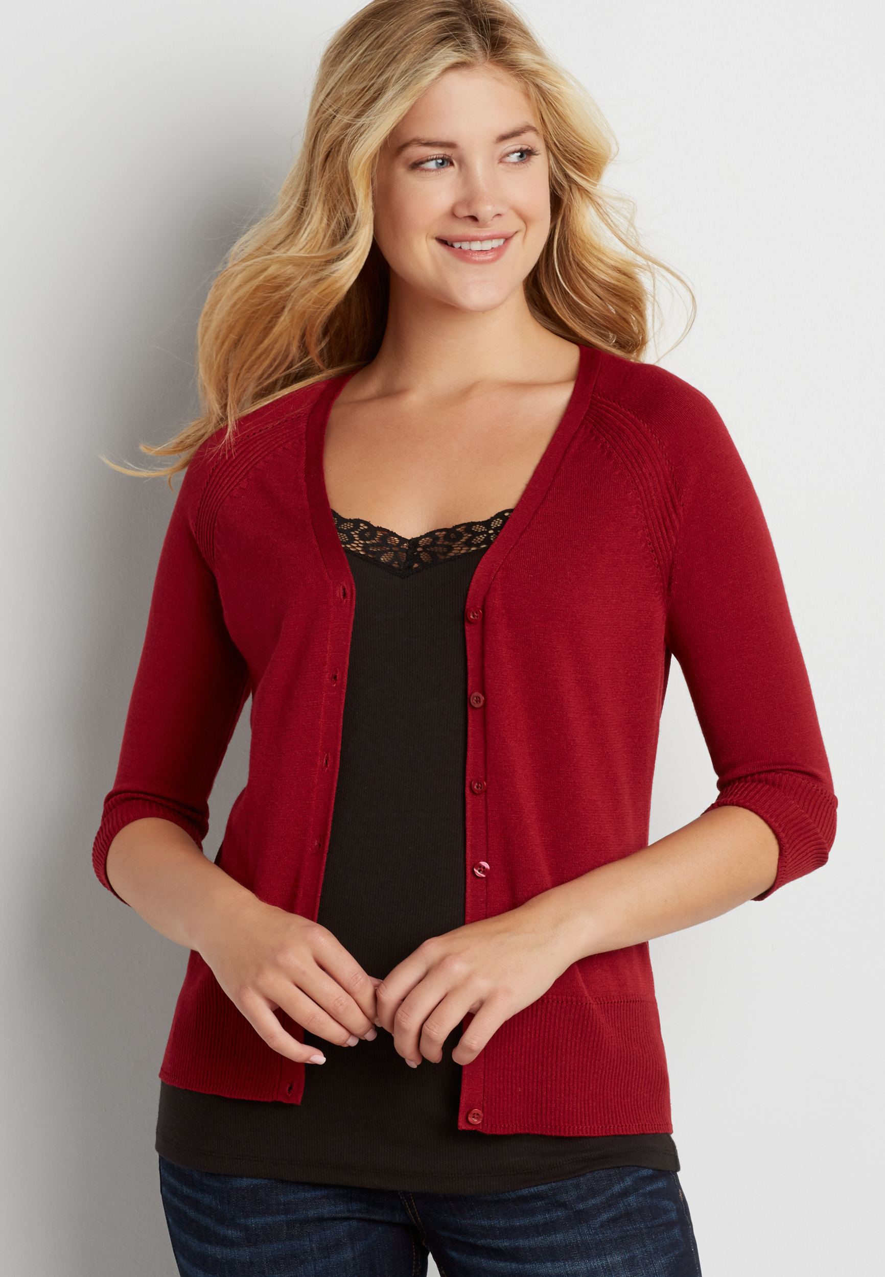 the classic cardi with v-neckline in red | maurices