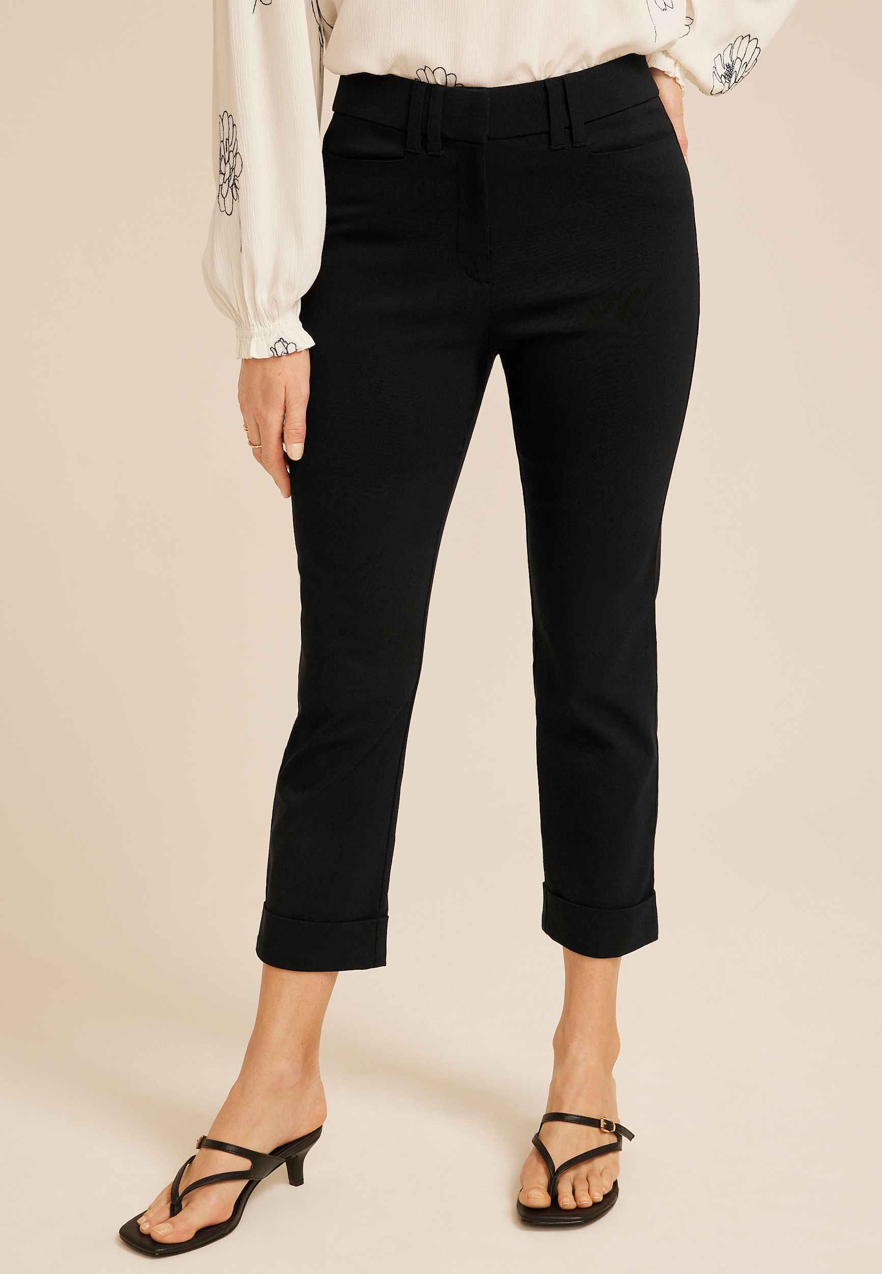 Bengaline Mid Rise Cuffed Slim Straight Cropped Pant