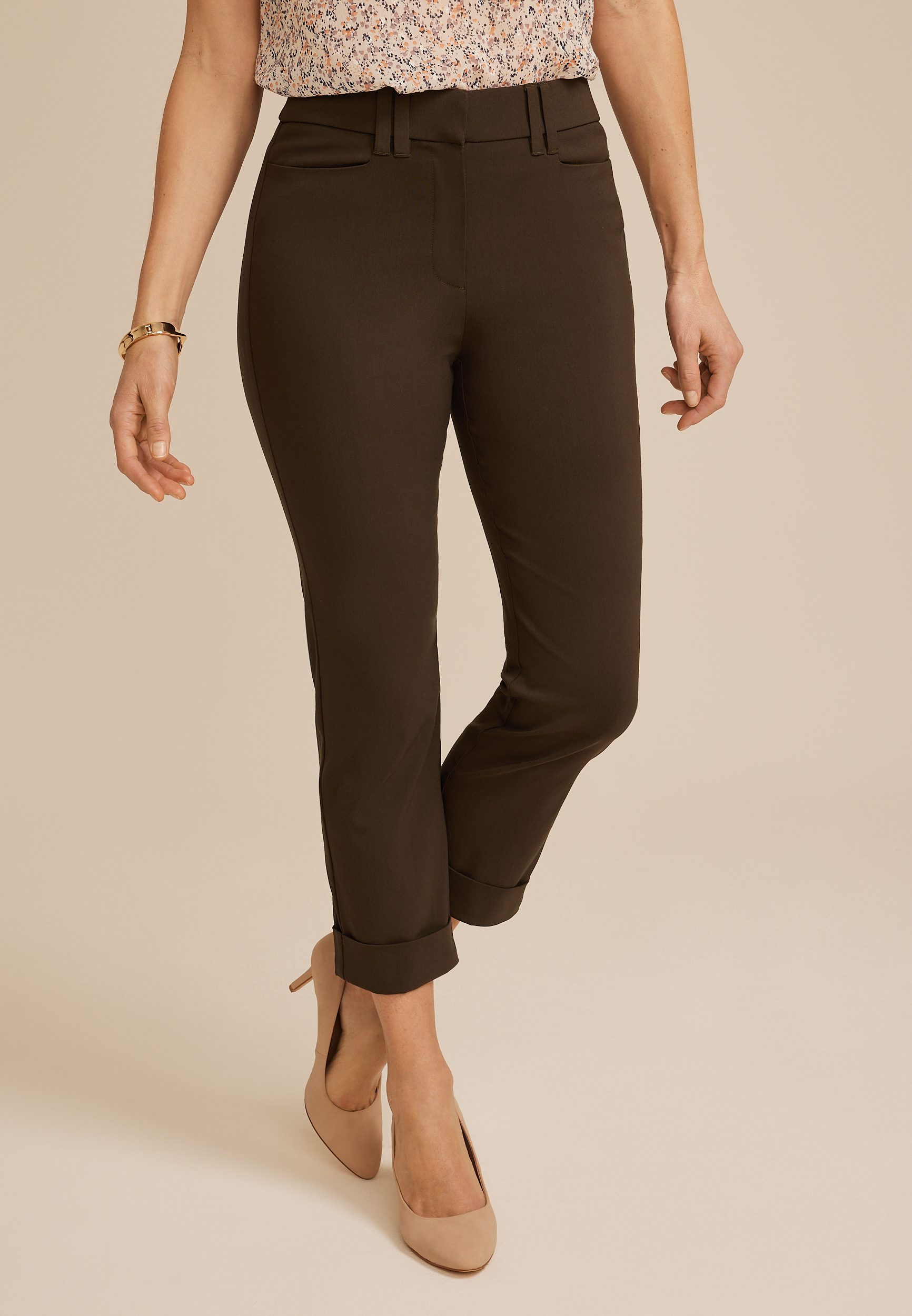 Bengaline Mid Rise Cuffed Slim Straight Cropped Pant